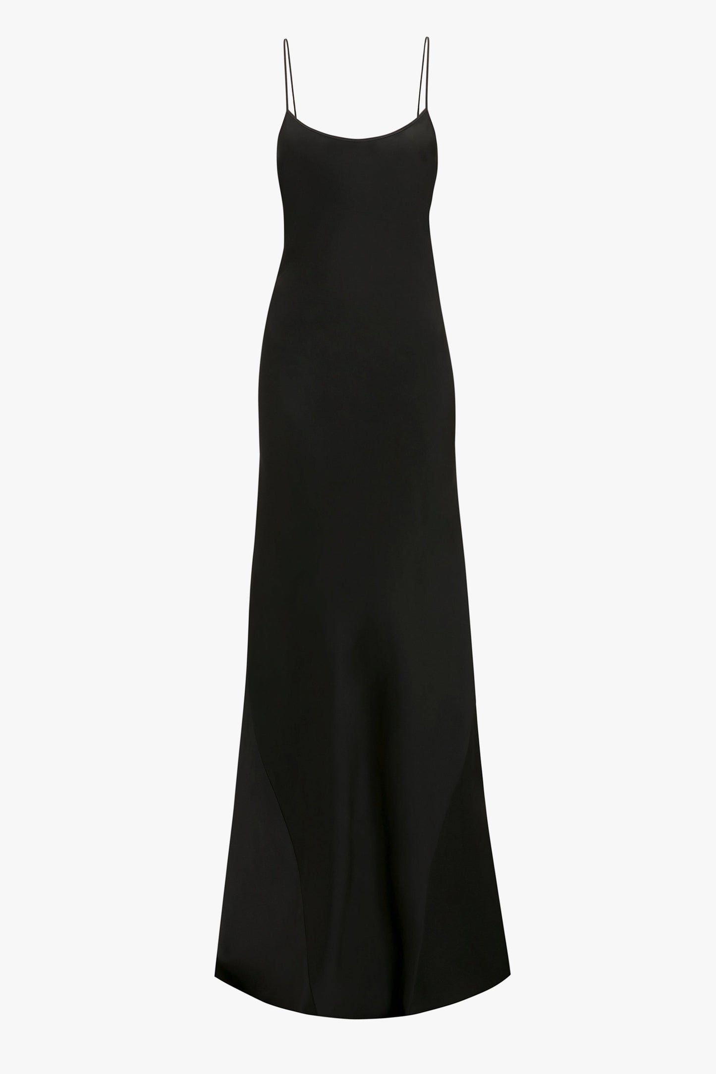 A black, floor-length, sleeveless **Floor-Length Cami Dress In Black** with thin spaghetti straps and a smooth, flowing texture reminiscent of 90s fashion from **Victoria Beckham**.