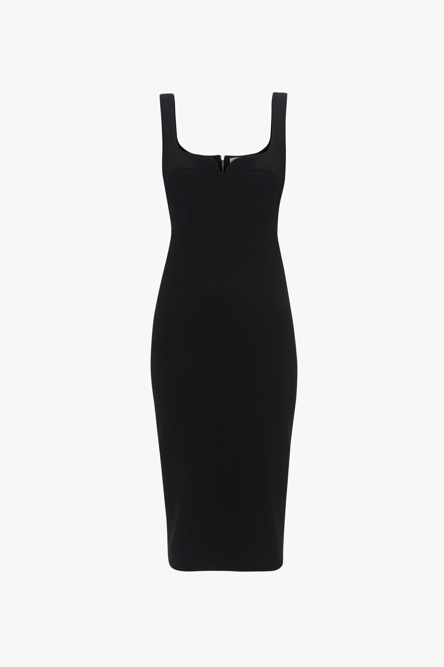 A Sleeveless Fitted T-Shirt Dress In Black by Victoria Beckham crafted from double wool crepe with wide shoulder straps and a sweetheart neckline.