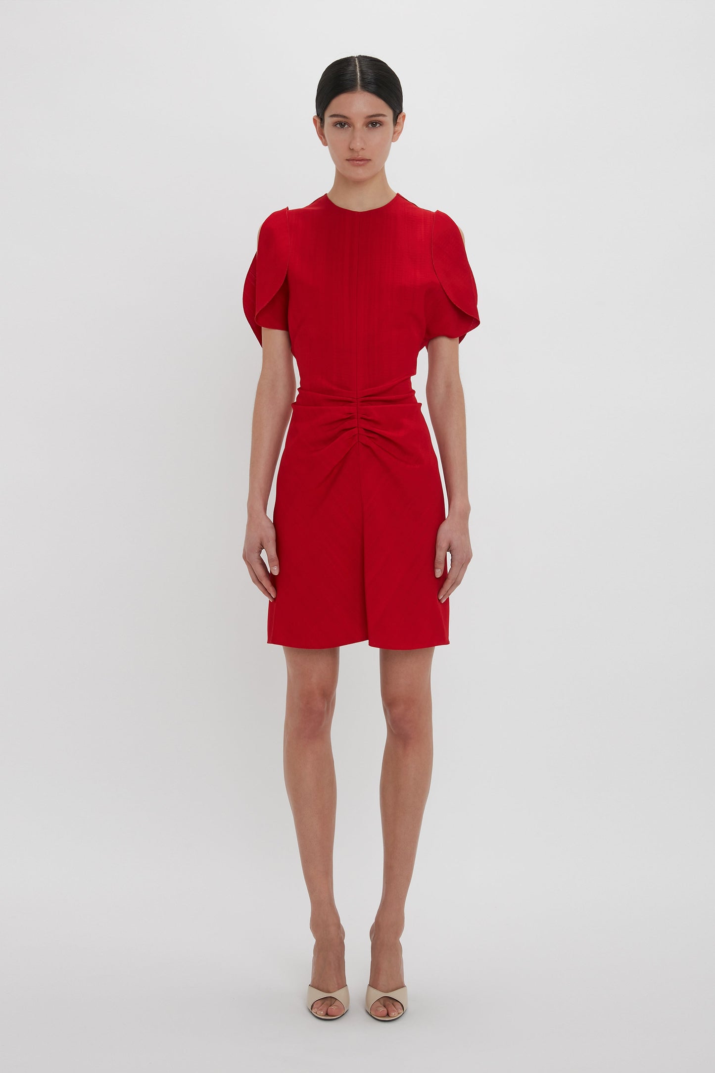 Gathered Waist Mini Dress In Carmine