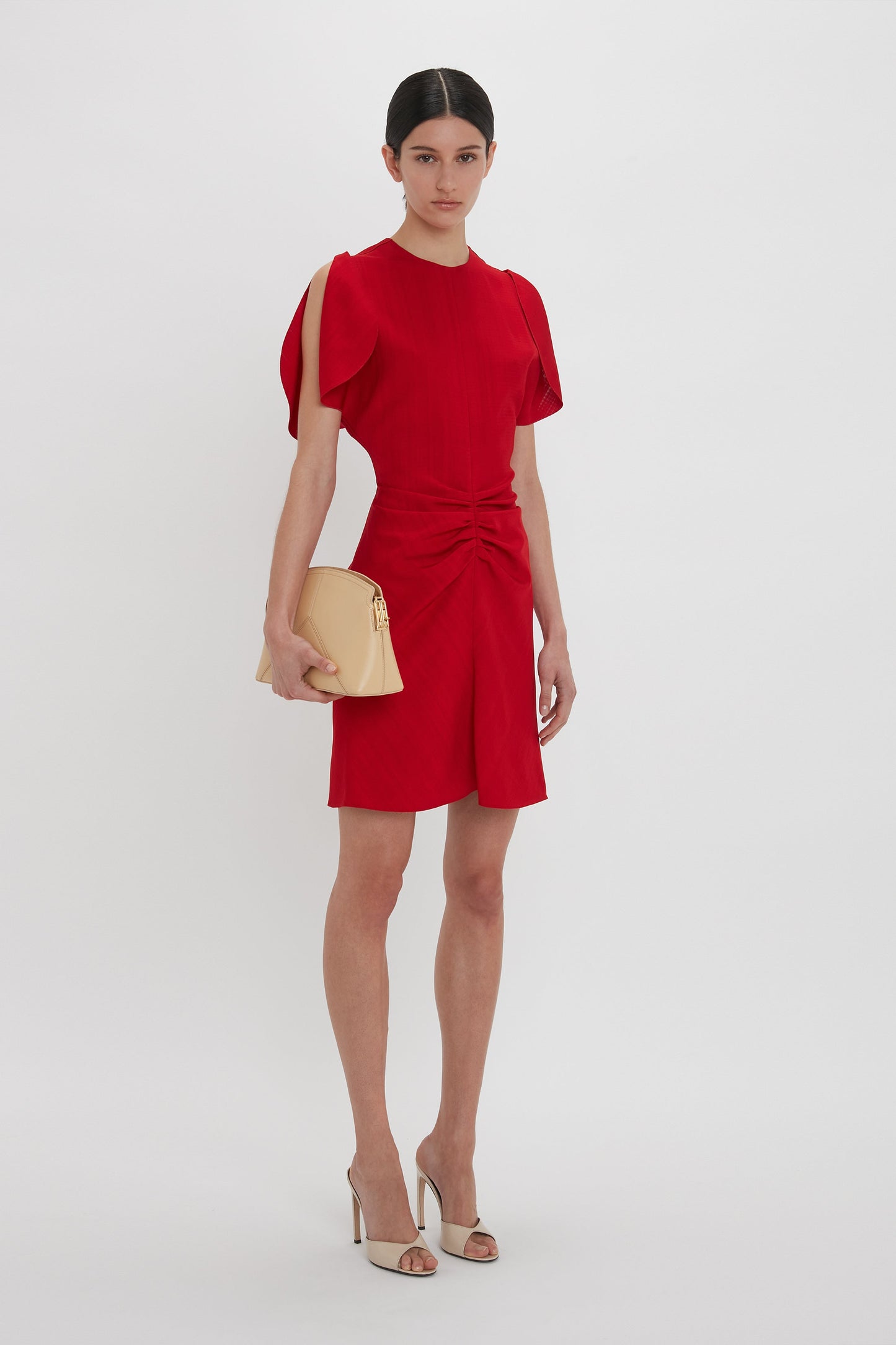 Gathered Waist Mini Dress In Carmine