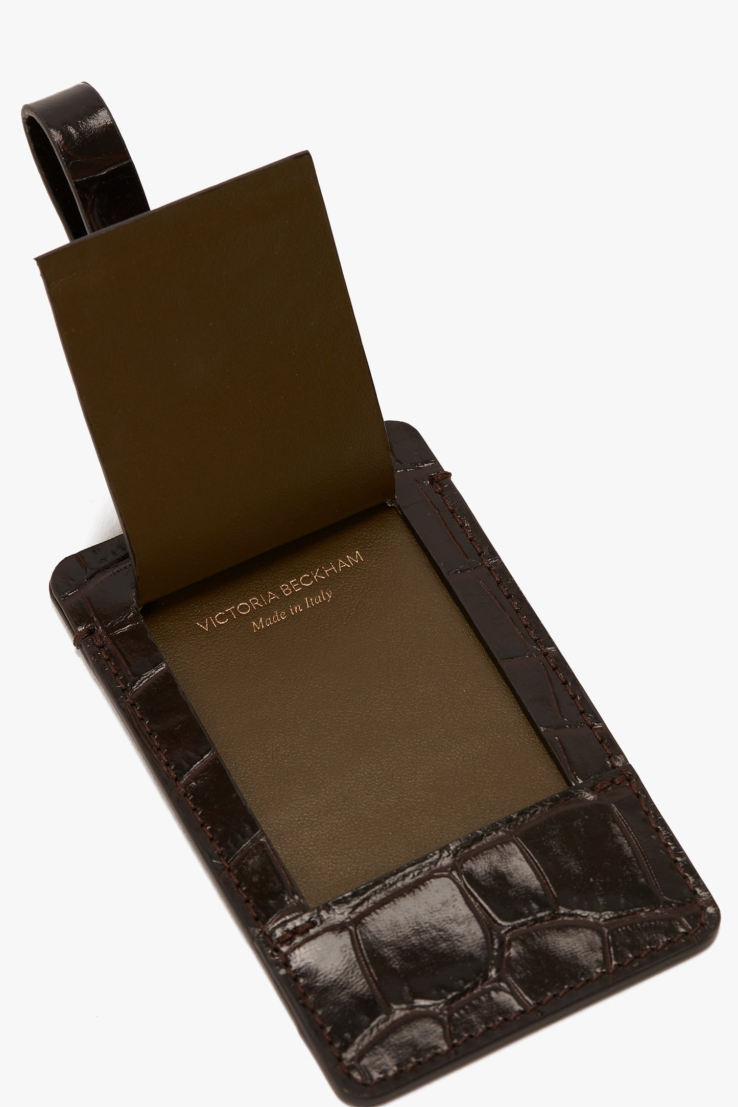 Luggage Tag In Espresso Croc Embossed Leather