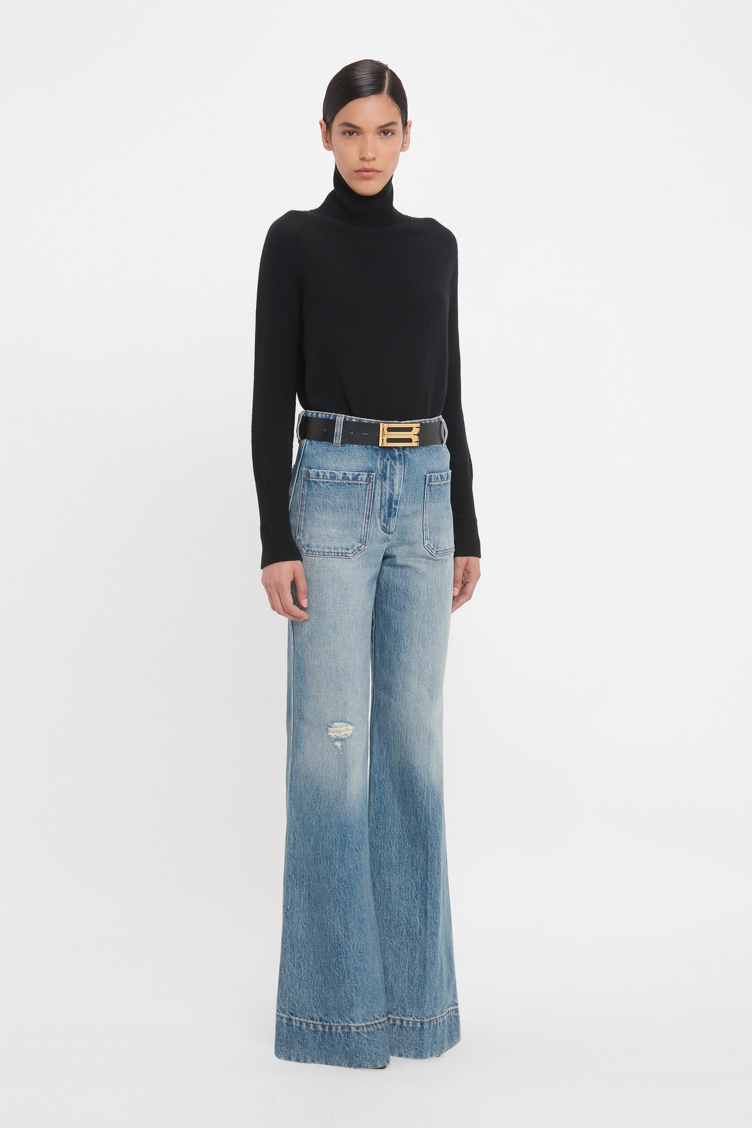 Alina High Waisted Long Jean In Worn Blue Wash