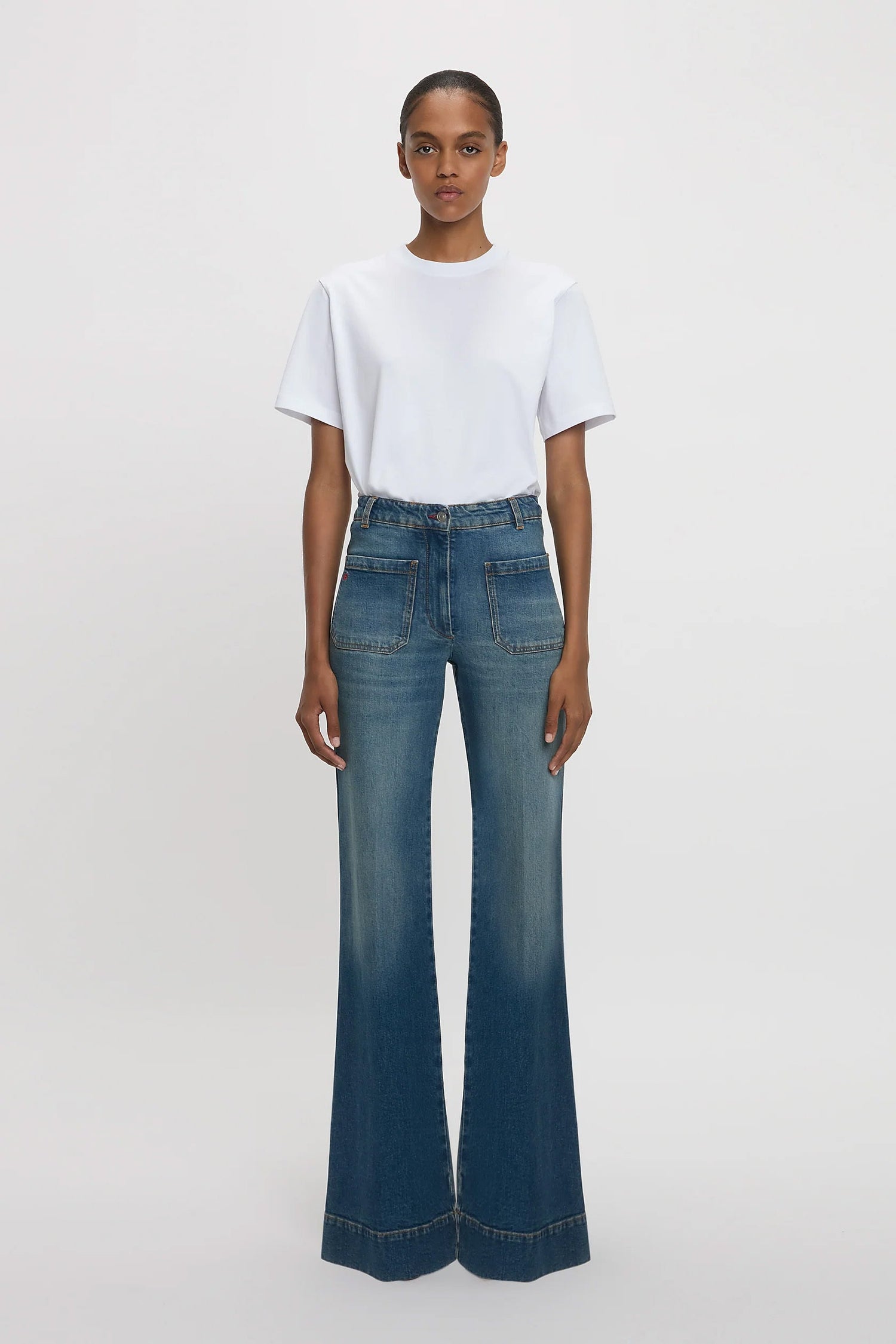 Alina High Waisted Long Jean In Mid Blue