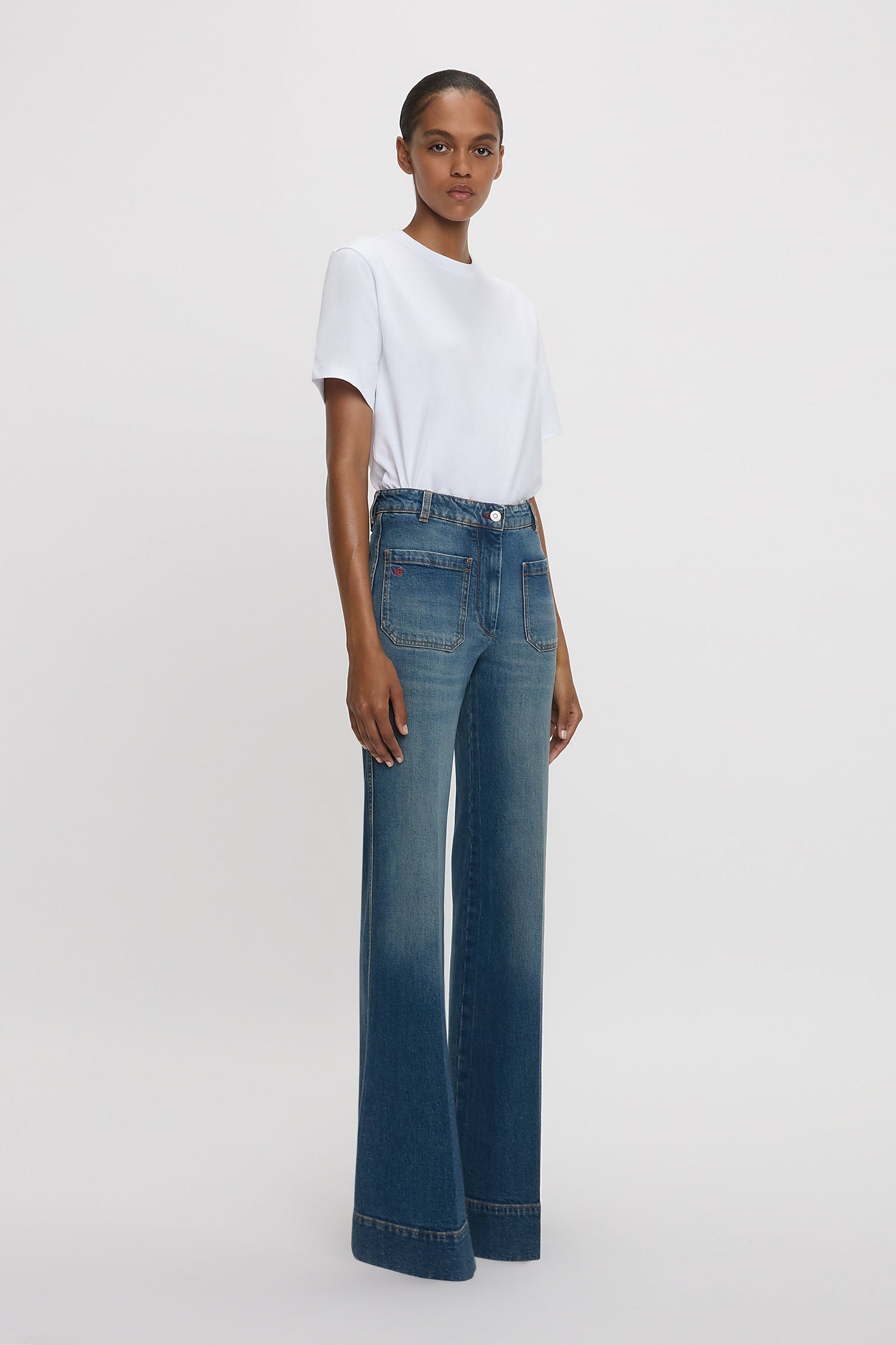 Alina High Waisted Long Jean In Mid Blue