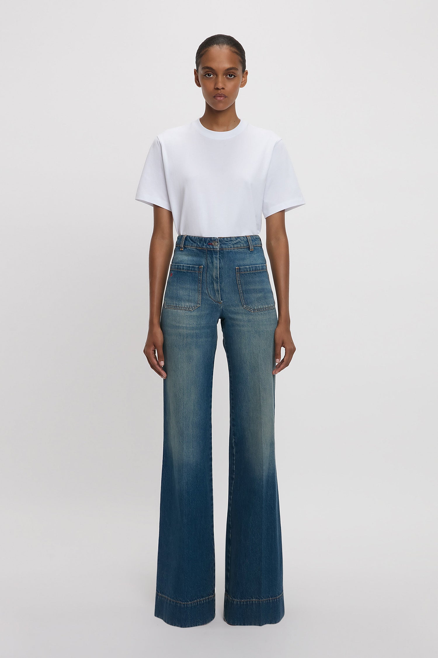 Alina High Waisted Long Stretch Jean In Mid Blue