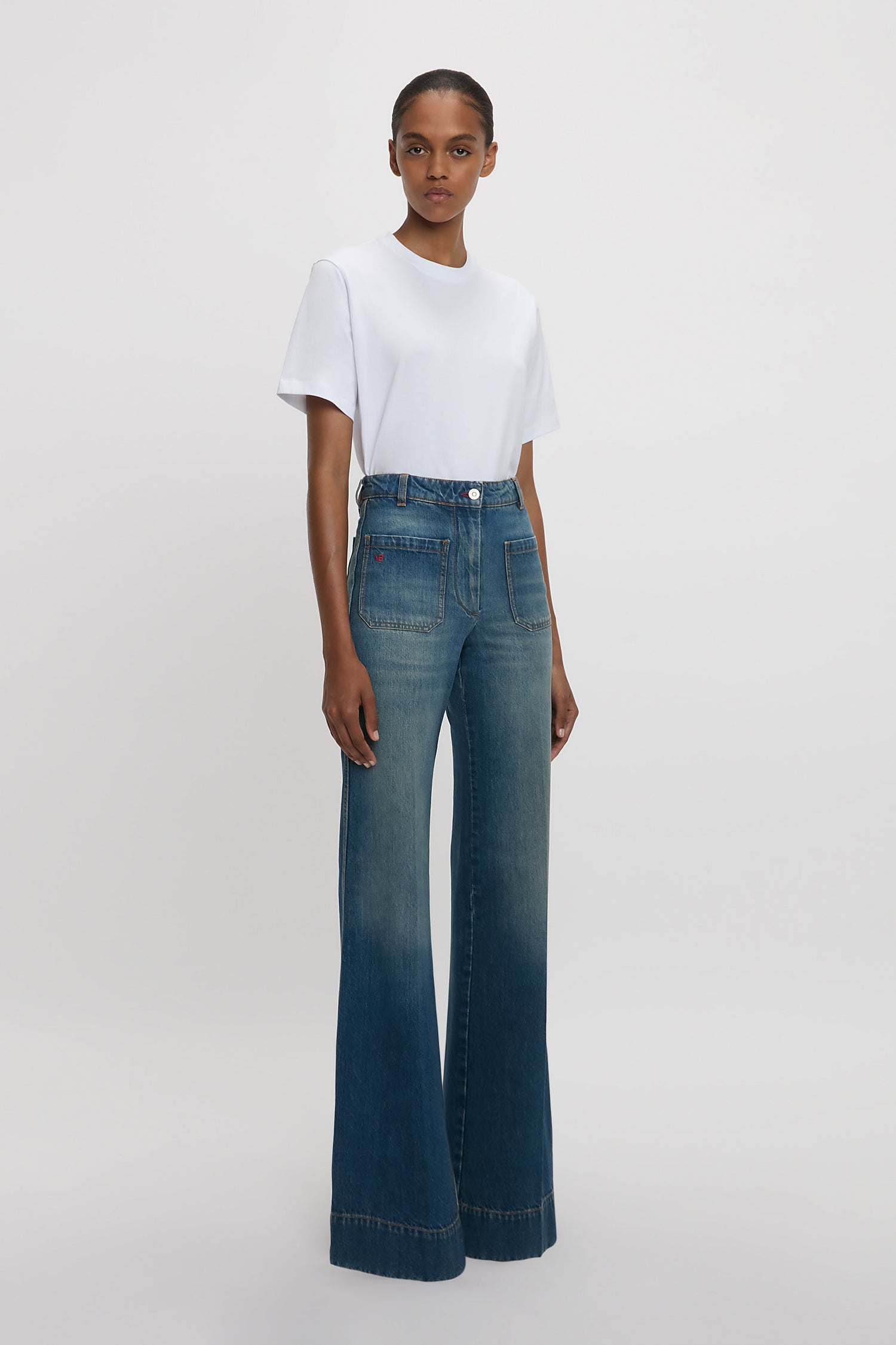 Alina High Waisted Long Stretch Jean In Mid Blue