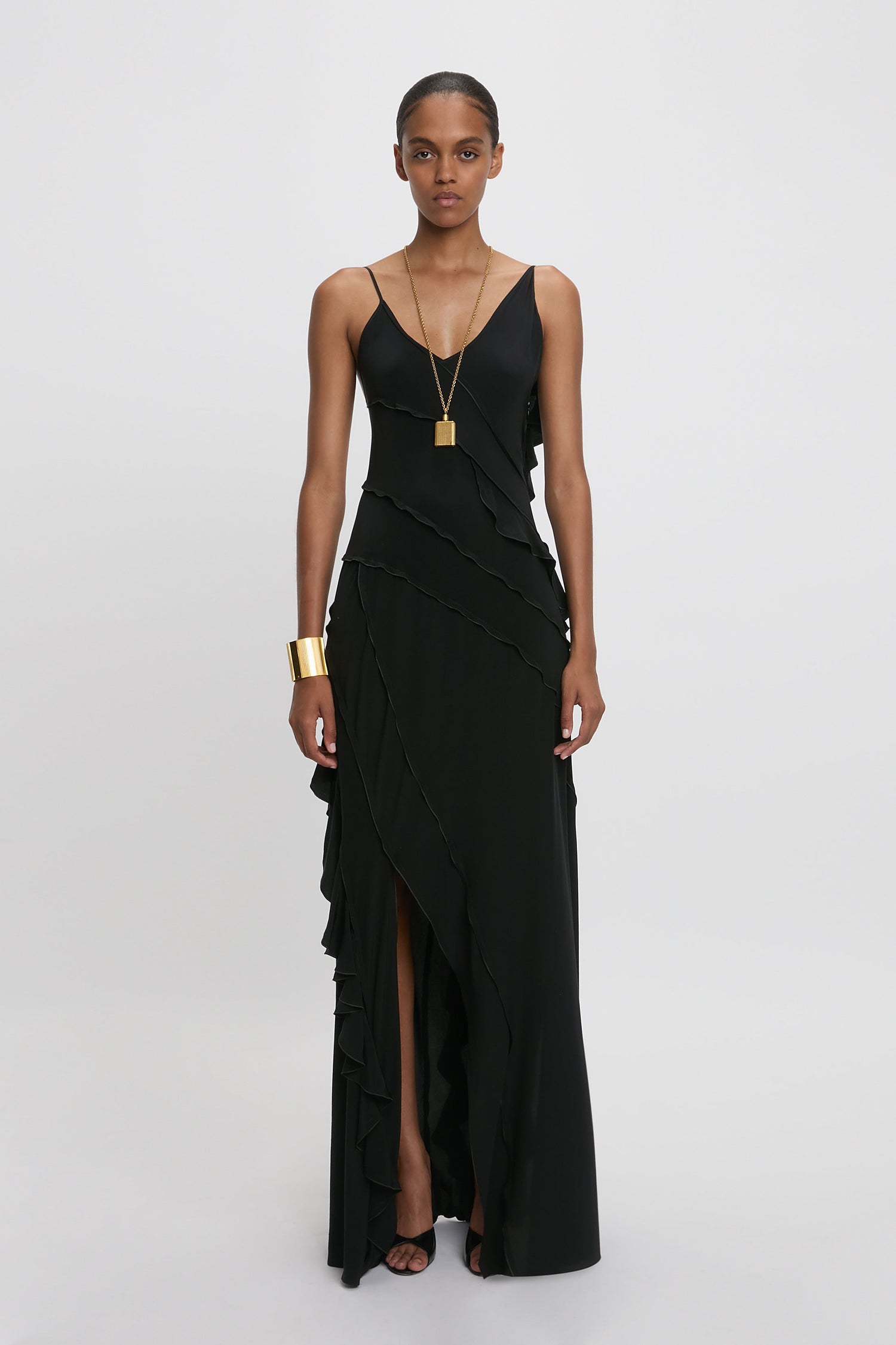 Asymmetric Bias Frill Dress In Black