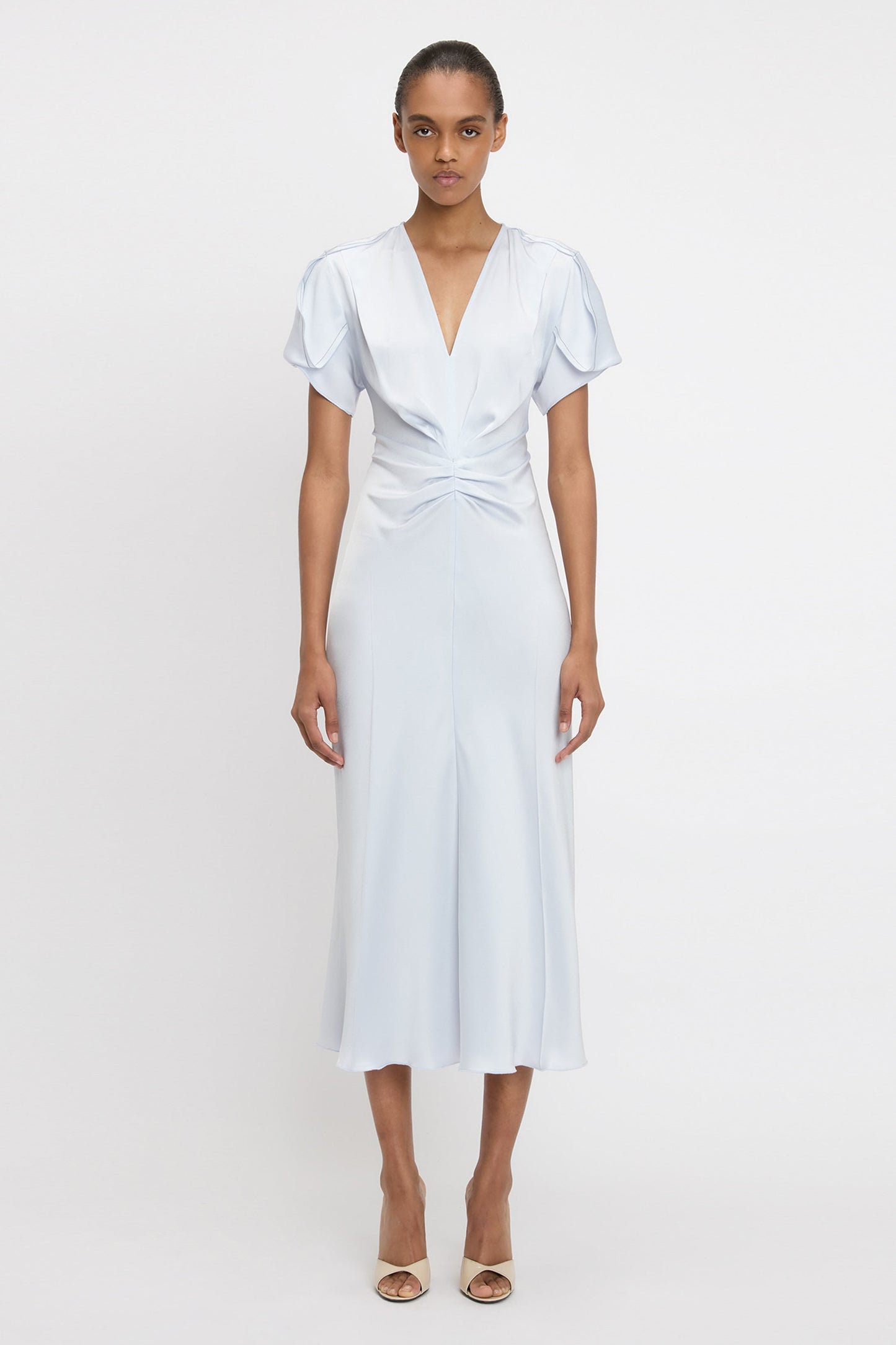Gathered V-Neck Midi Dress In Ice