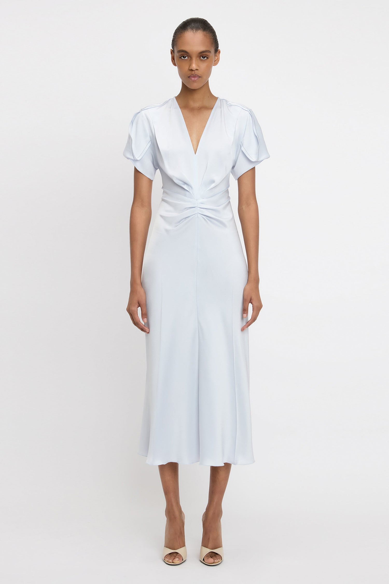 Gathered V-Neck Midi Dress In Ice