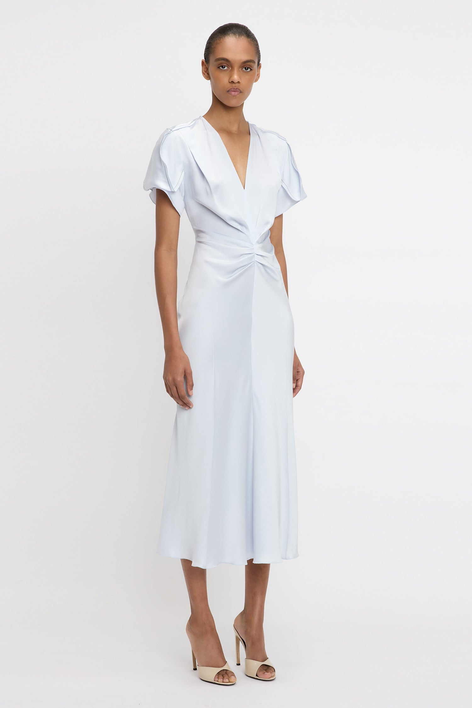 Gathered V-Neck Midi Dress In Ice