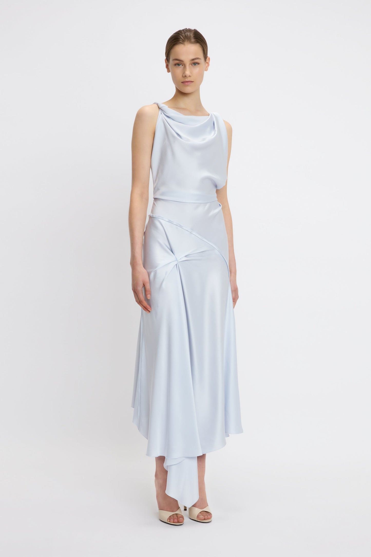 Asymmetric Draped Midi Dress In Ice