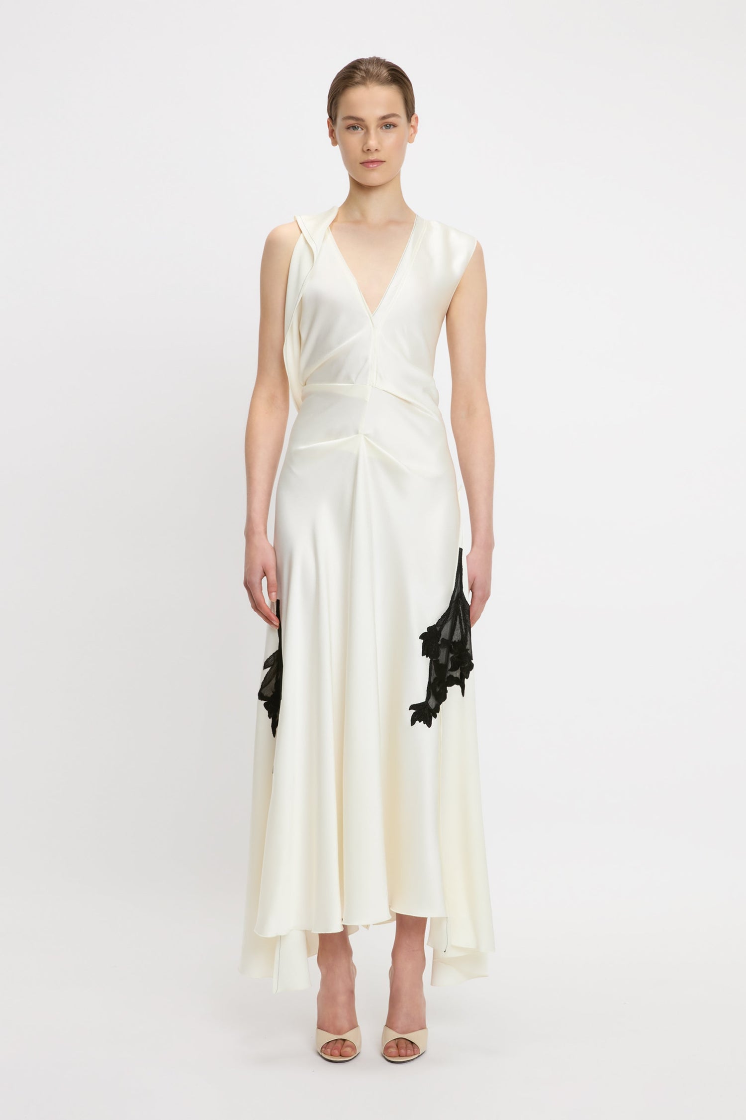 Draped Lace Detail Midi Dress In Ivory