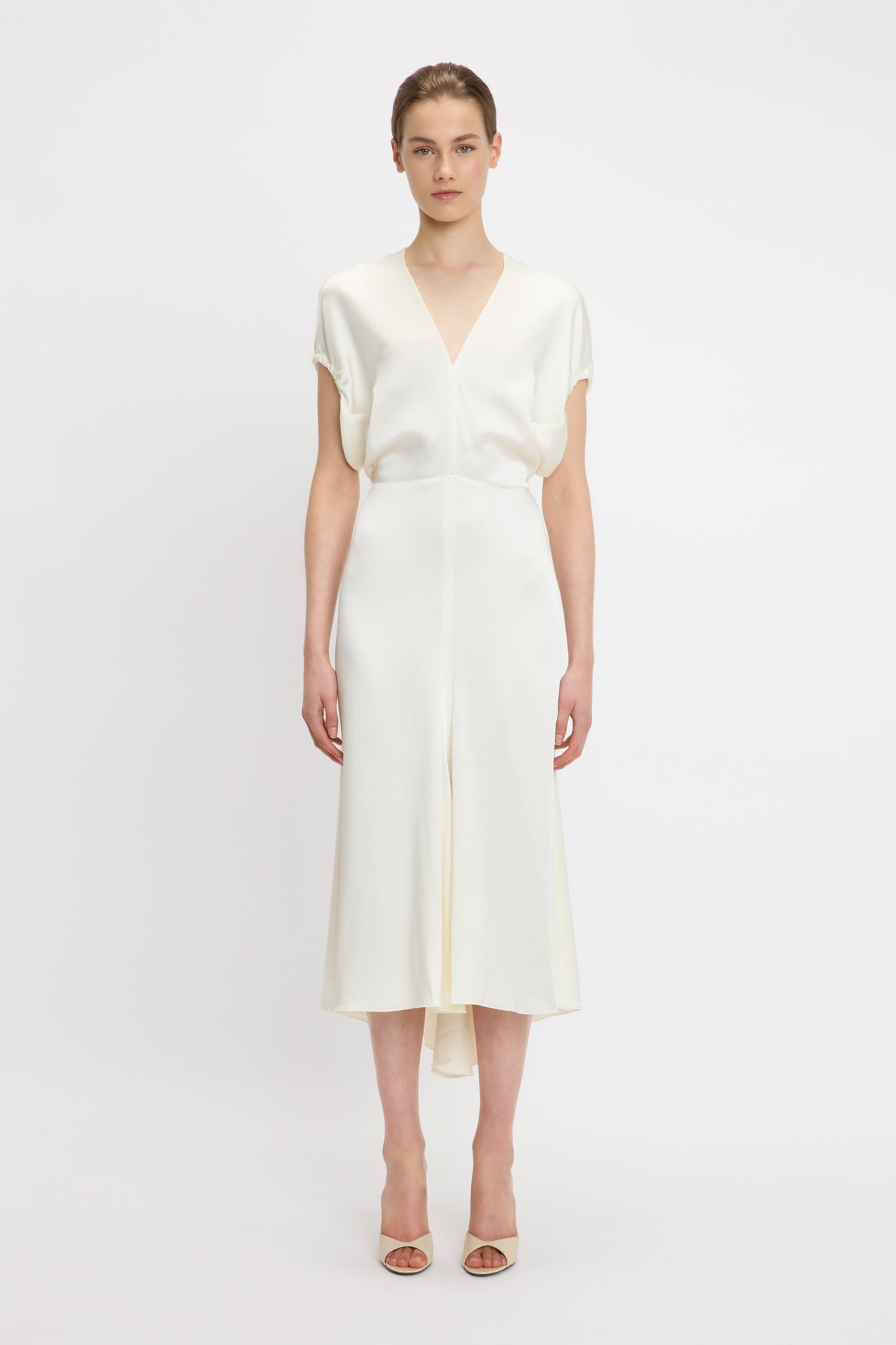 Blouson Detail Midi Dress In Ivory
