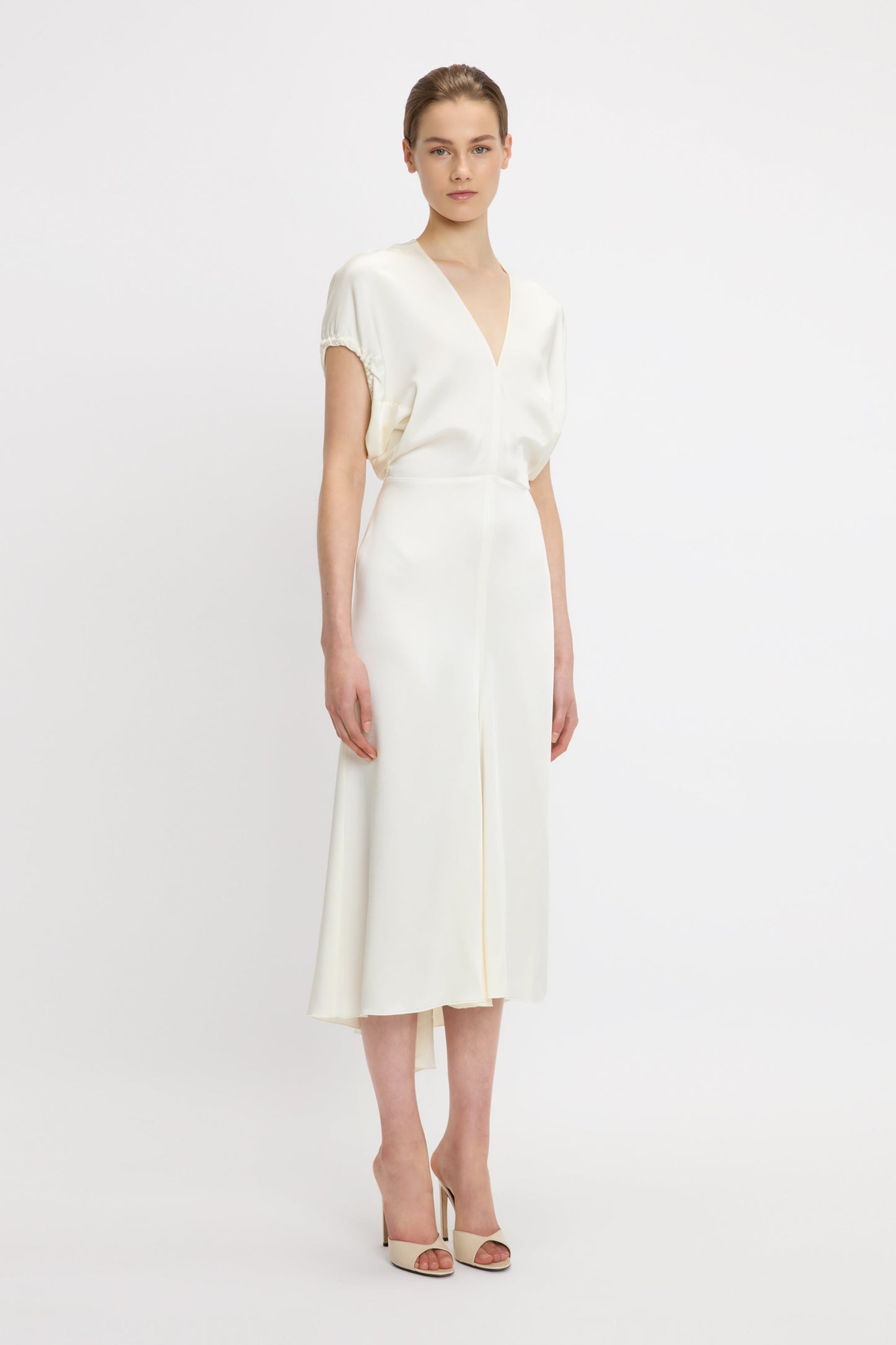 Blouson Detail Midi Dress In Ivory