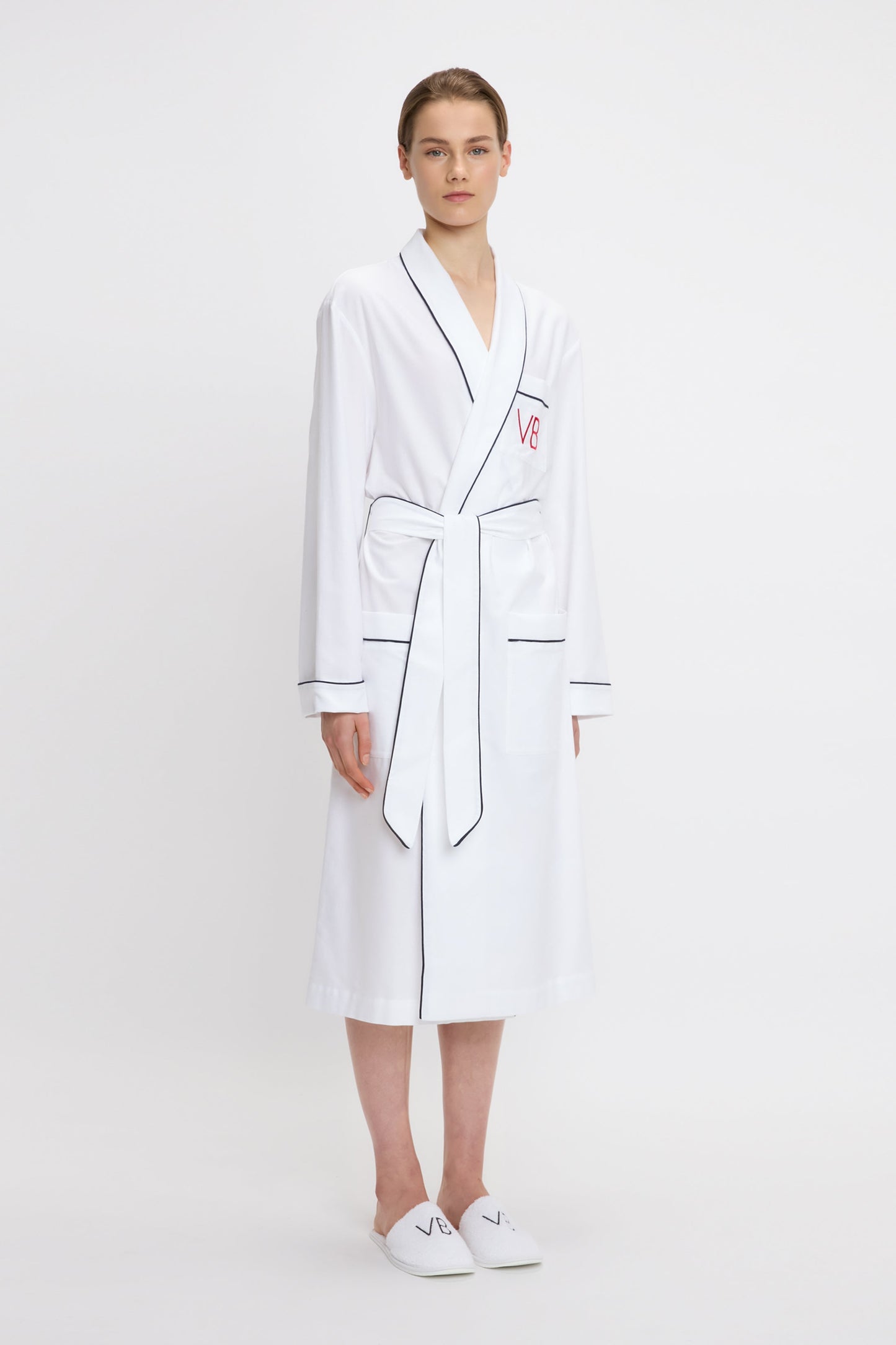 Piping Detail Pyjama Robe In White