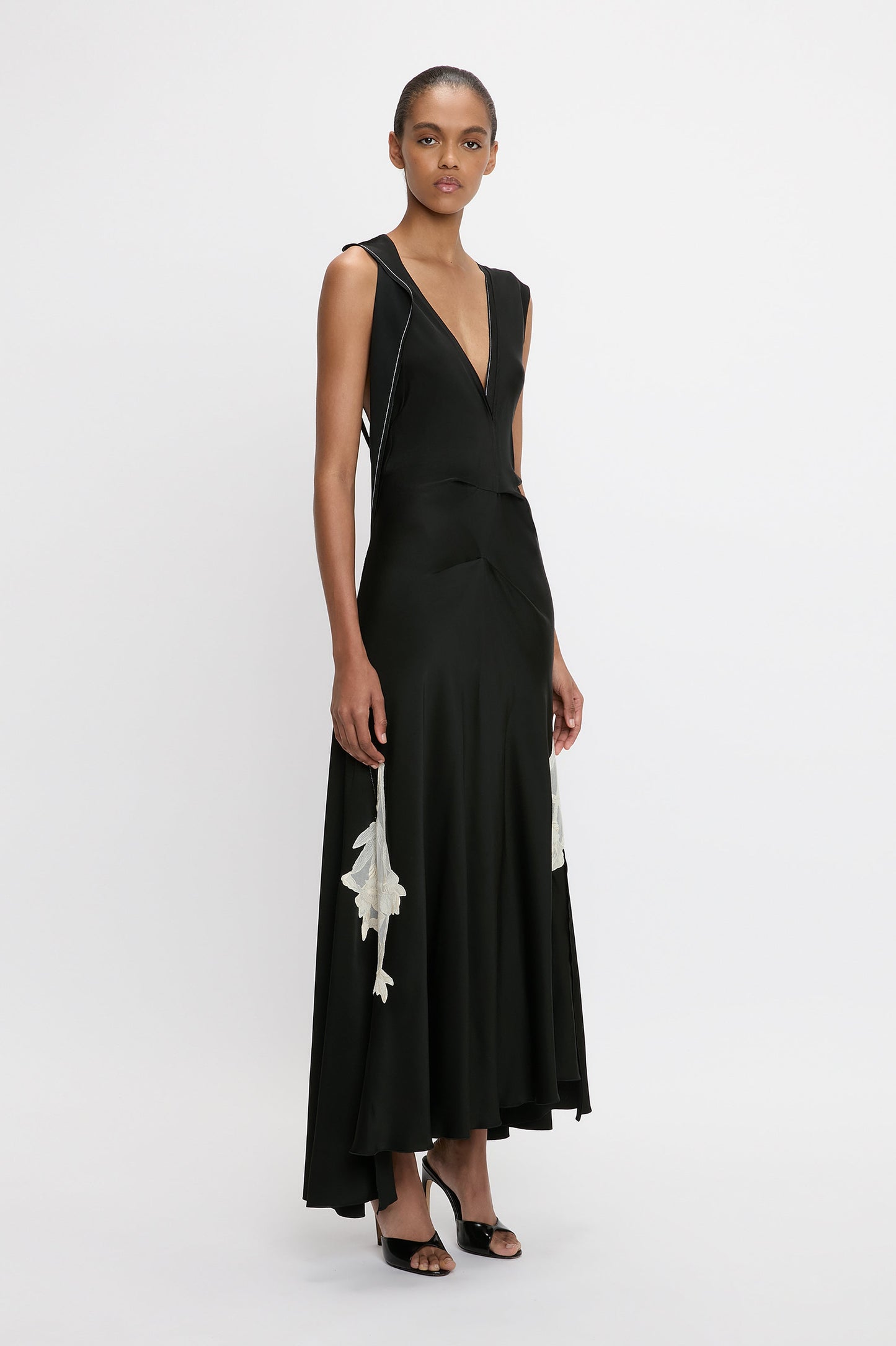 Draped Lace Detail Midi Dress In Black