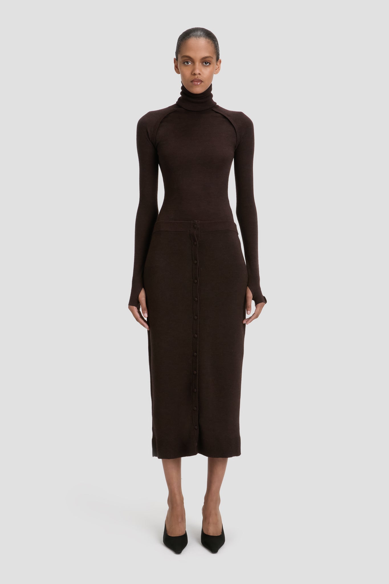 Button Detail Midi Skirt In Dark Chocolate