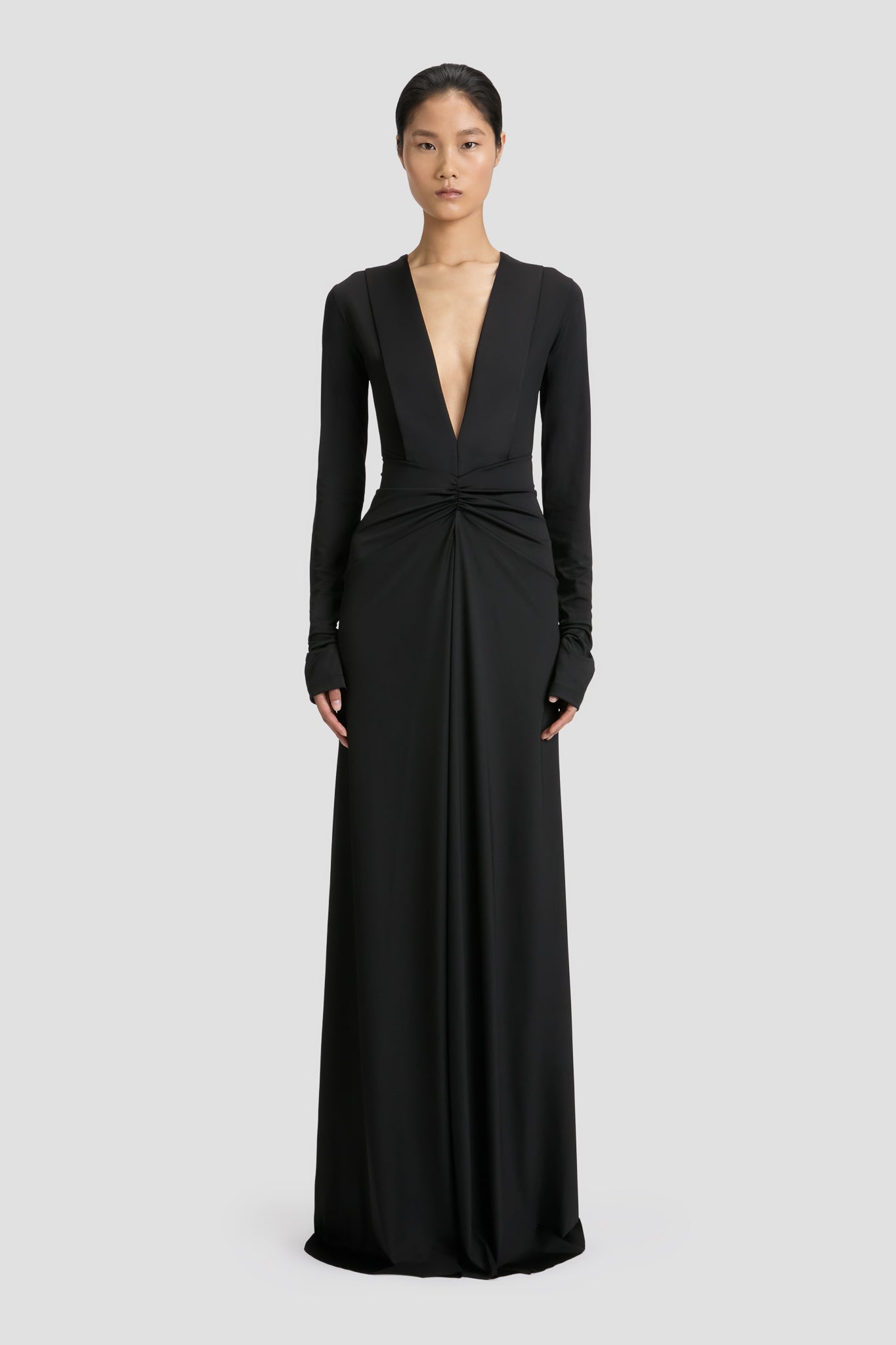 Long Sleeve Deep V-Neck Gown In Black