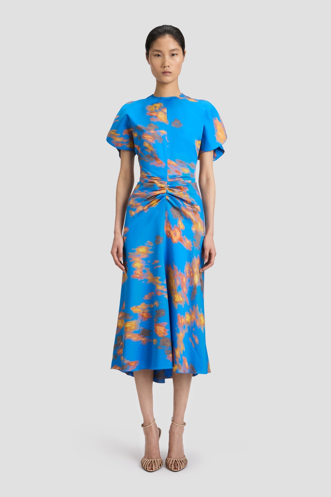 Gathered Waist Midi Dress In Blue Abstract Floral Print