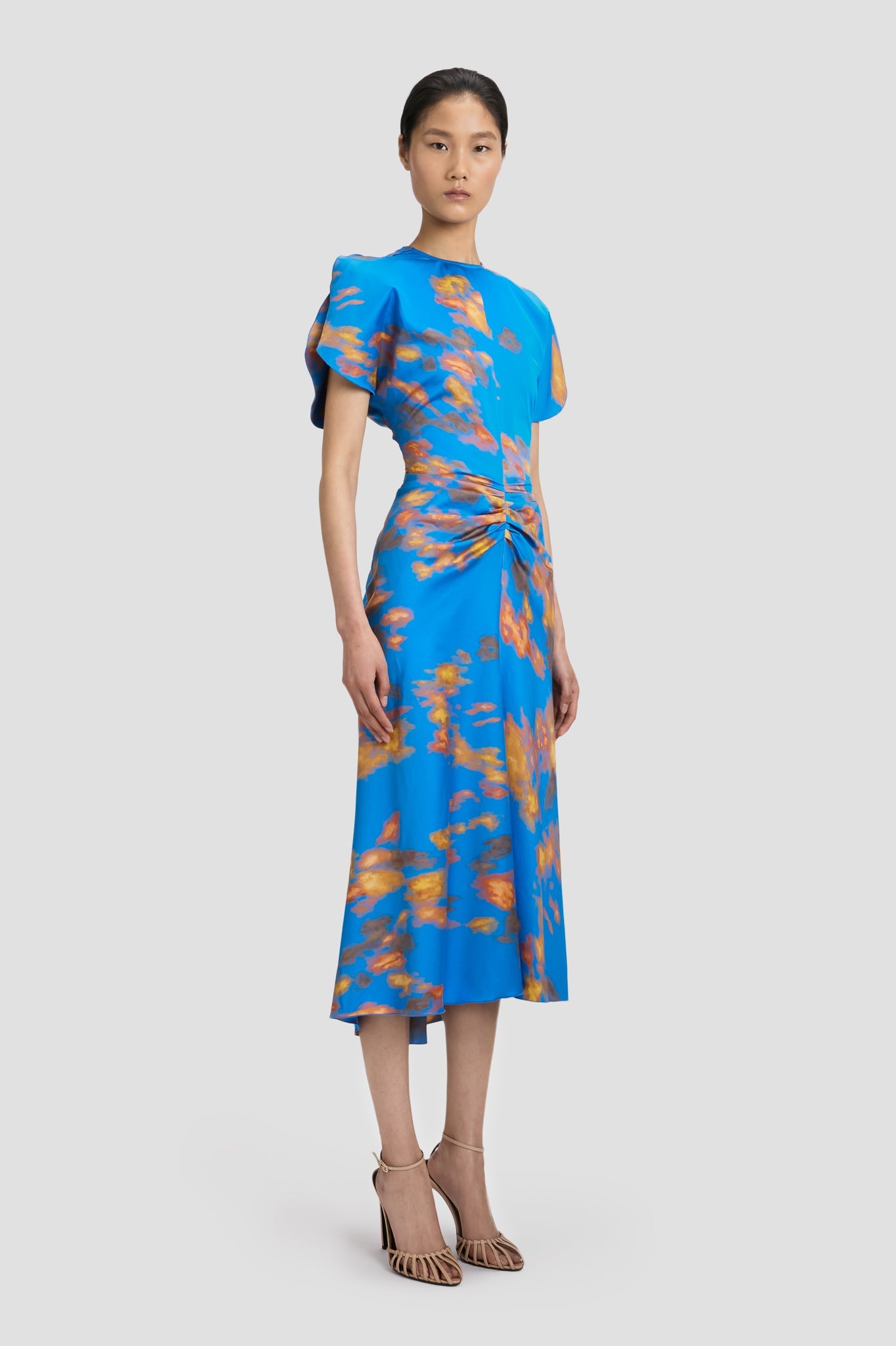 Gathered Waist Midi Dress In Blue Abstract Floral Print