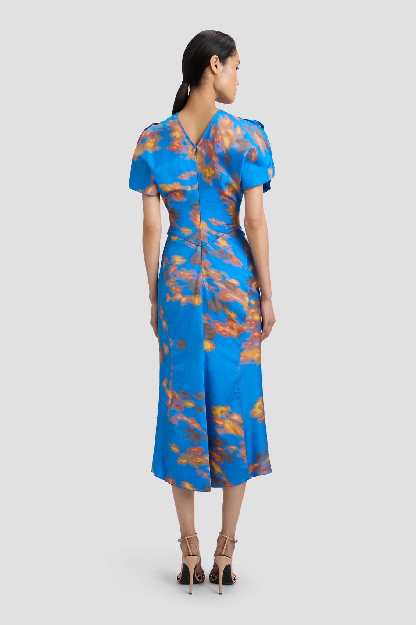 Gathered Waist Midi Dress In Blue Abstract Floral Print