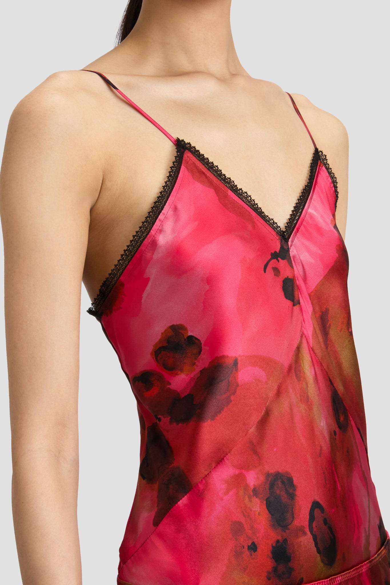 Lace Detail Cami Top In Raspberry Floral Print
