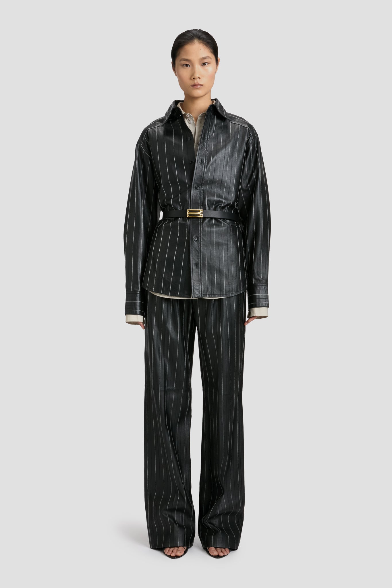 Tab Detail Leather Shirt In Black-Ivory