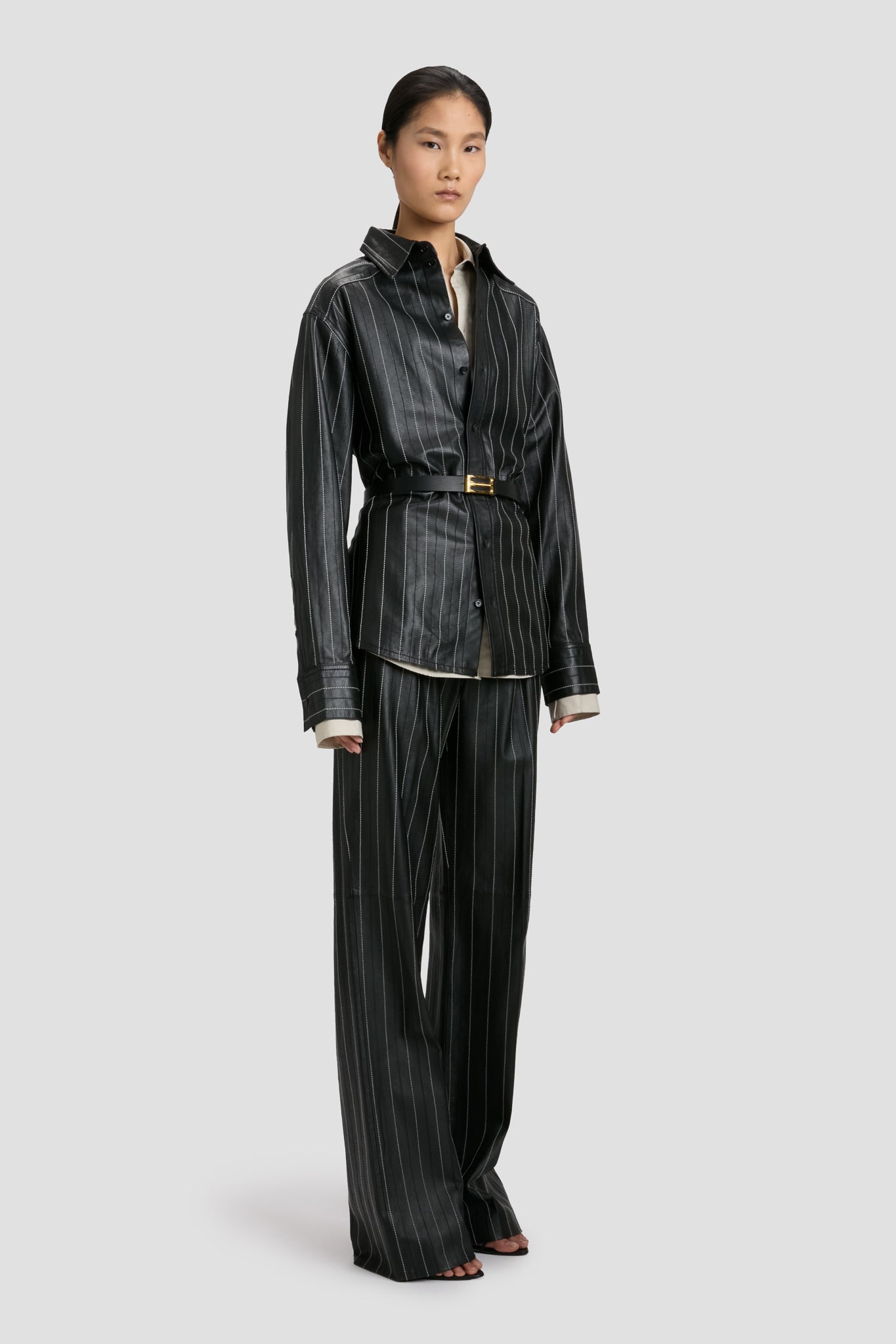 Tab Detail Leather Shirt In Black-Ivory