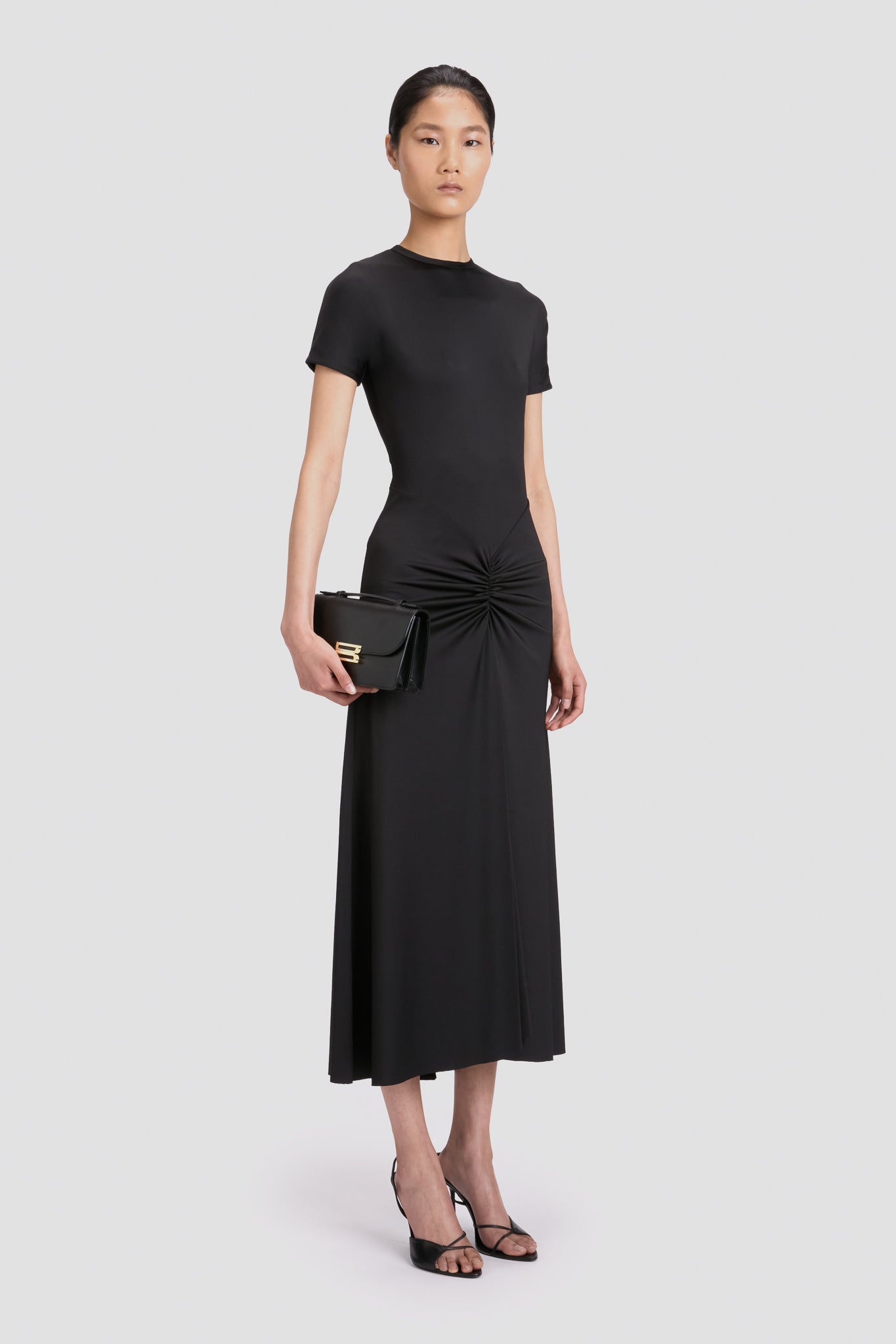 Gathered Waist T-Shirt Midi Dress In Black
