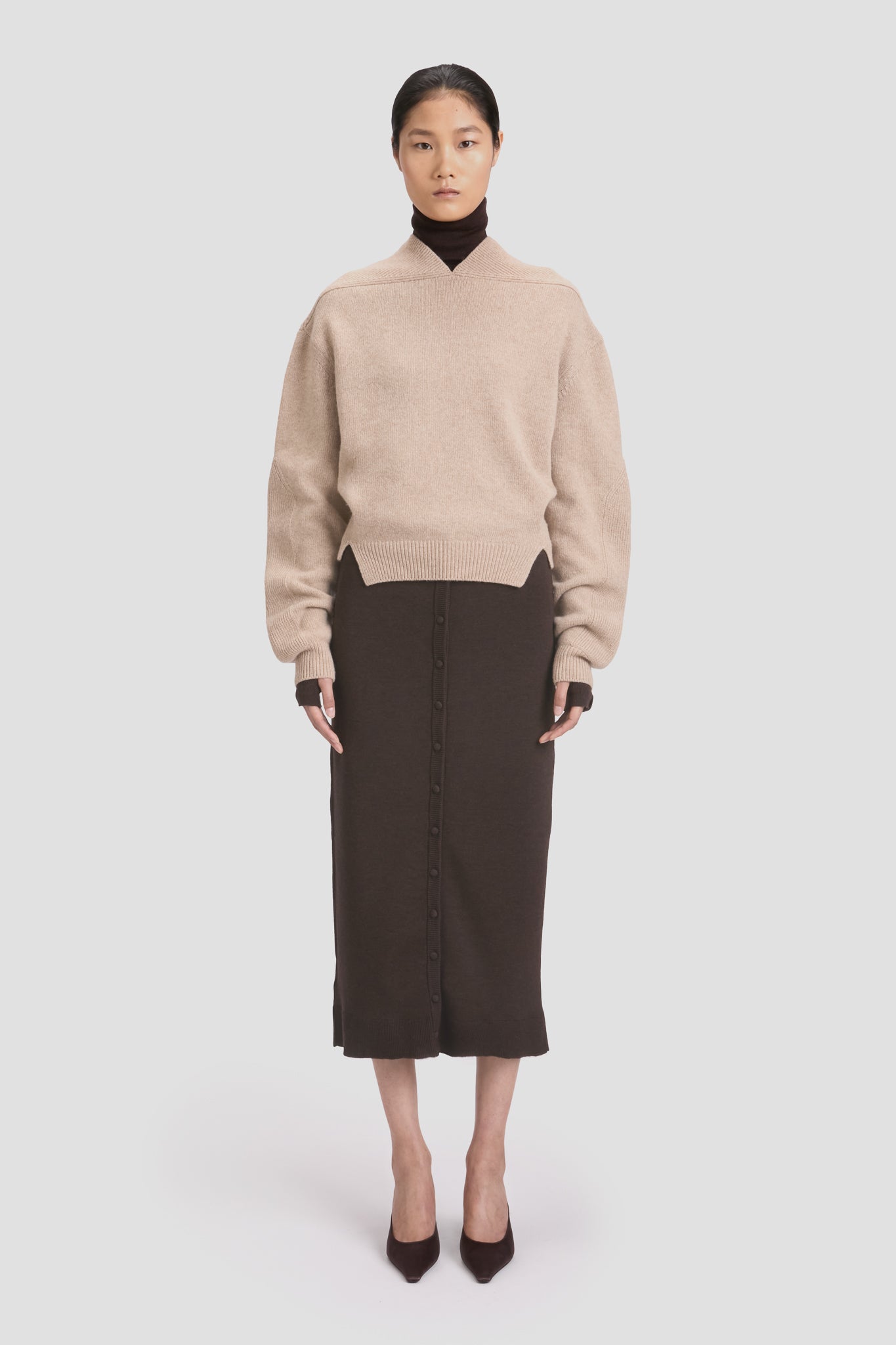 V-Neck Yoke Detail Jumper In Sand