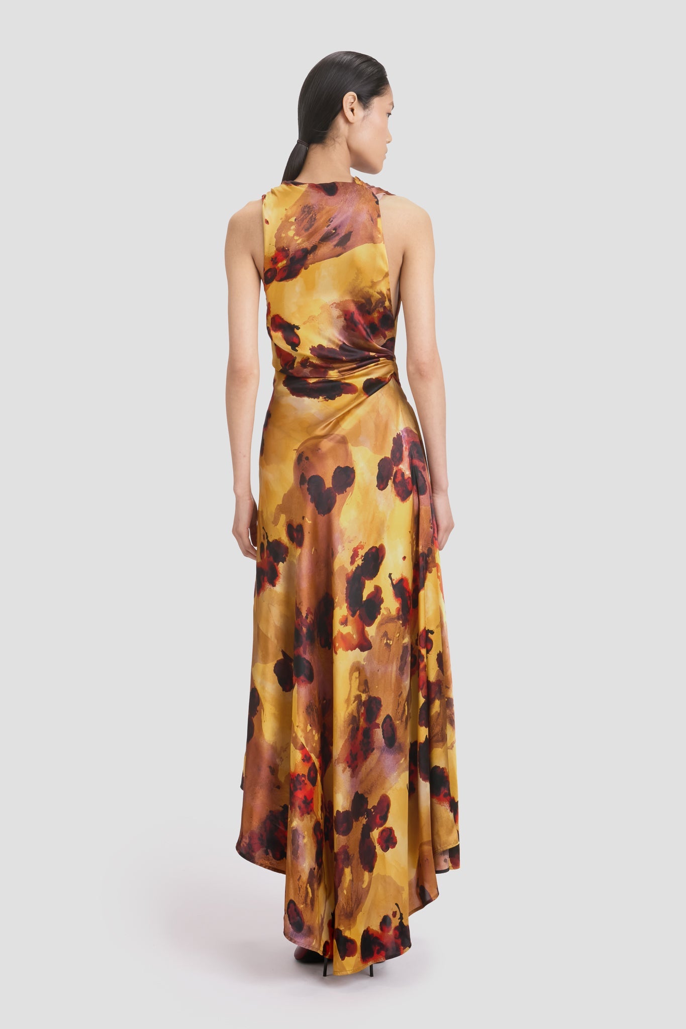 Sleeveless Draped Midi Dress In Amber Floral Print
