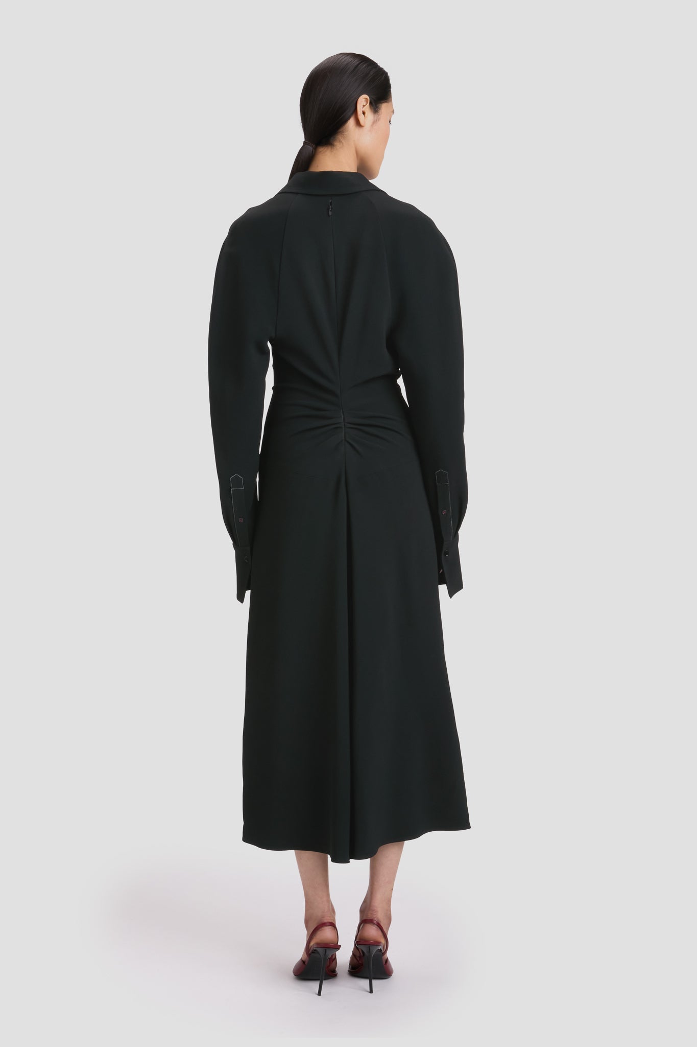 Long Sleeve Polo Collar Midi Dress In Black