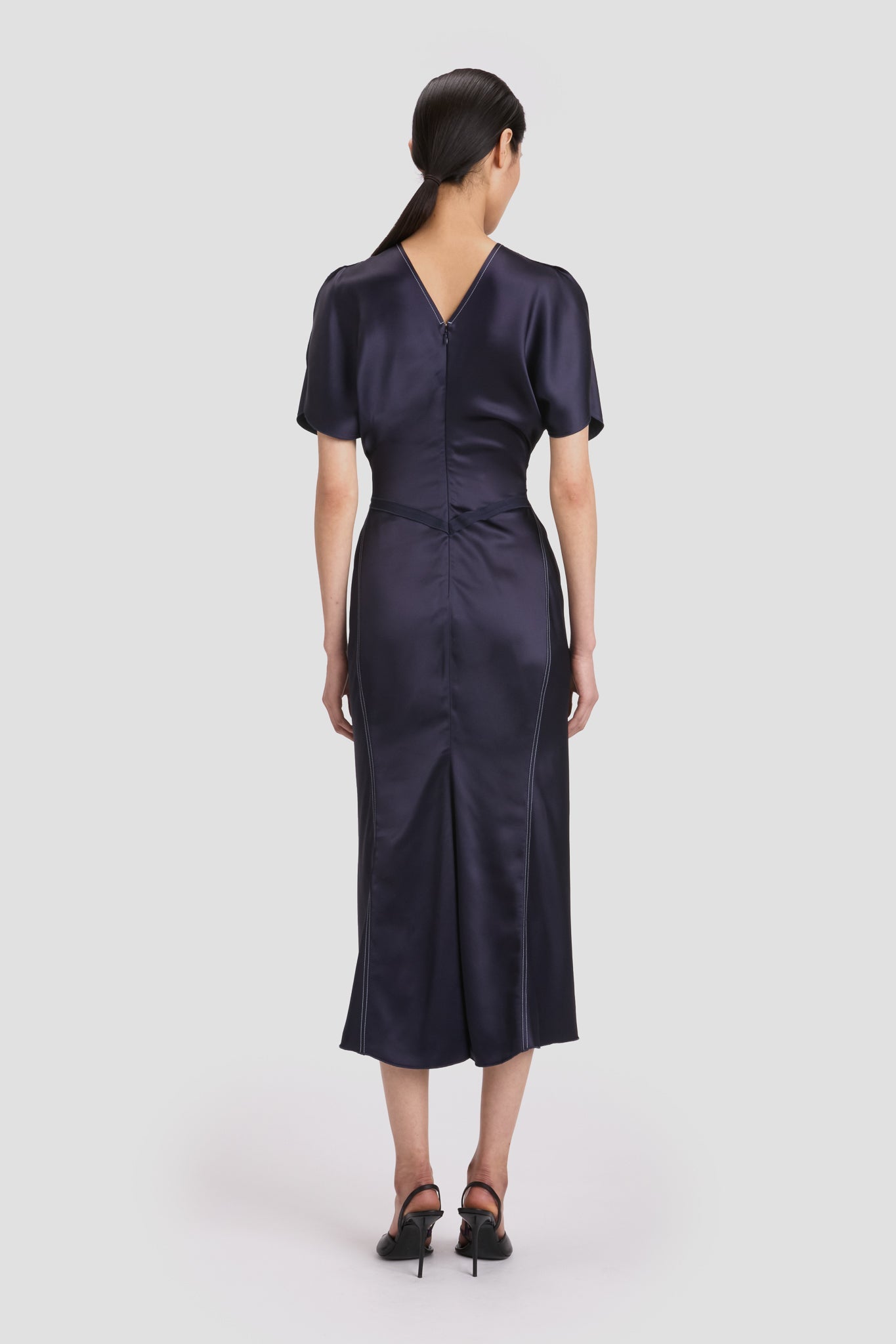 Gathered Waist Midi Dress In Midnight