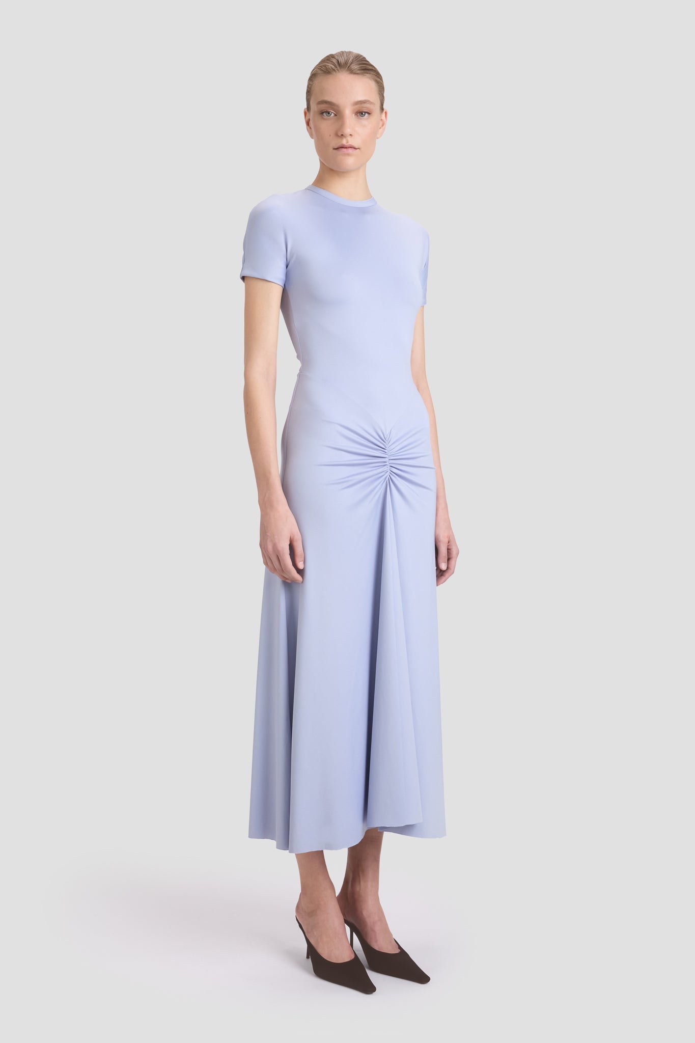 Gathered Waist T-Shirt Midi Dress In Delphinium Blue
