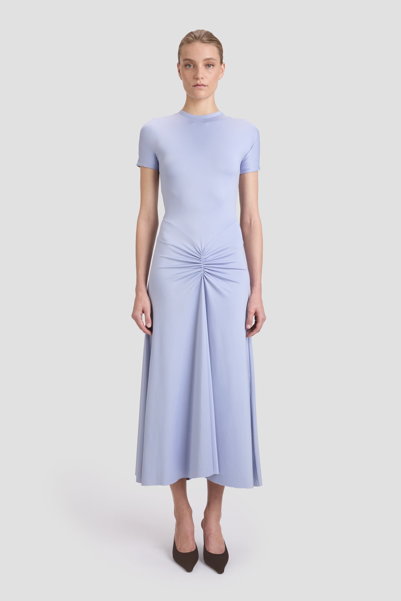 Gathered Waist T-Shirt Midi Dress In Delphinium Blue