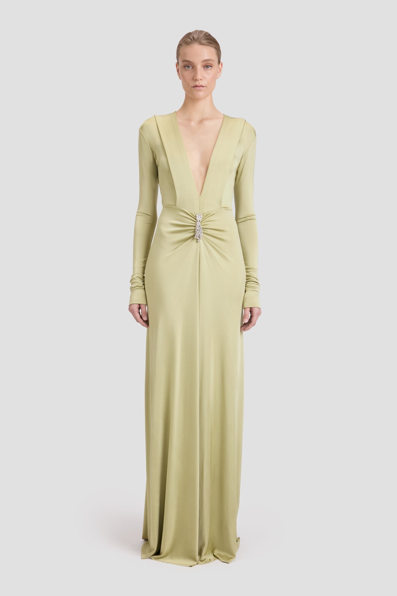 Embellished Long Sleeve Deep V-Neck Gown In Pistachio