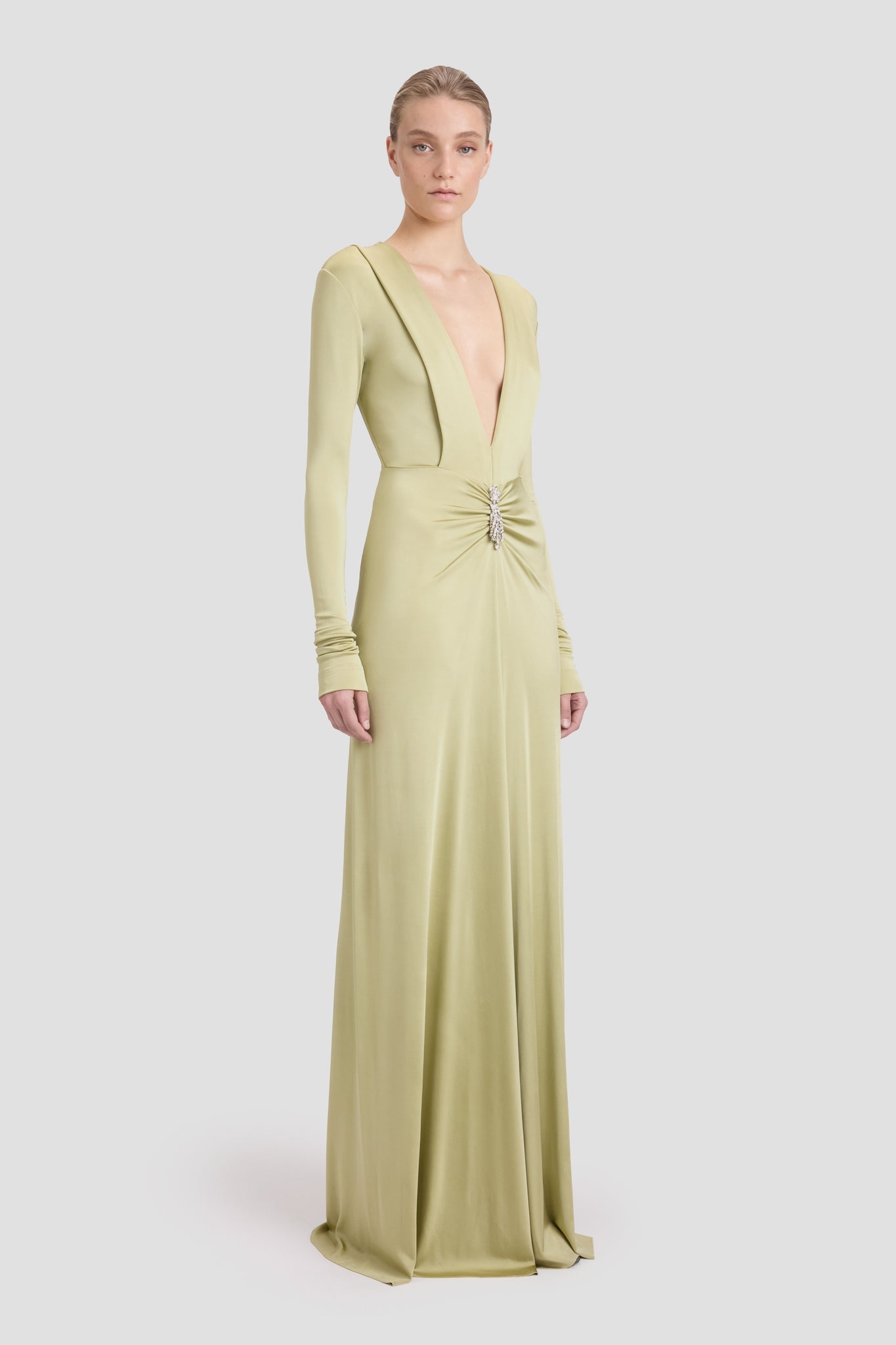 Embellished Long Sleeve Deep V-Neck Gown In Pistachio