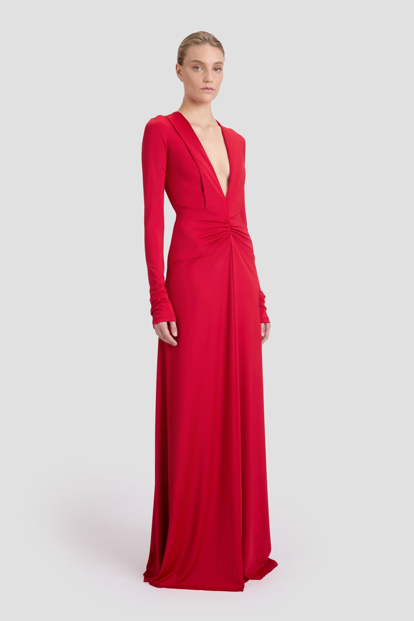 Long Sleeve Deep V-Neck Gown In Rose