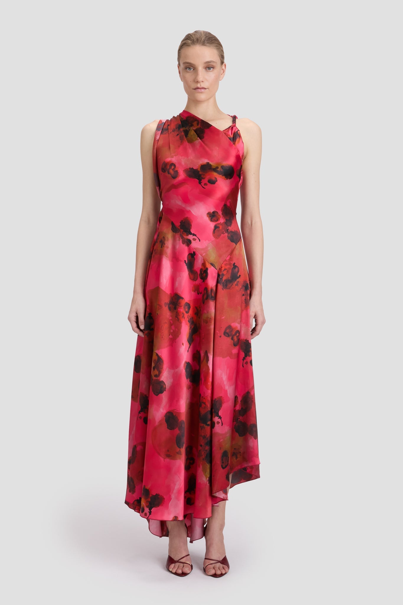 Sleeveless Draped Midi Dress In Raspberry Floral Print