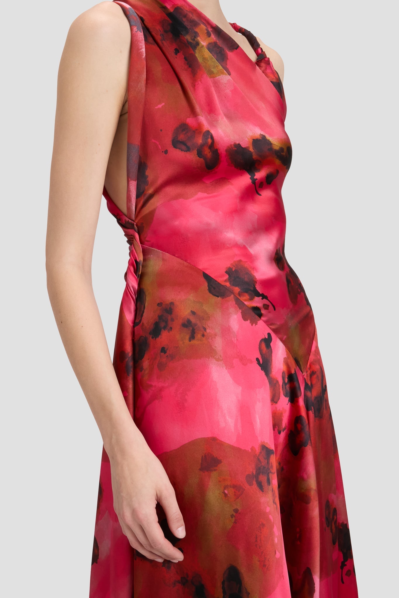 Sleeveless Draped Midi Dress In Raspberry Floral Print