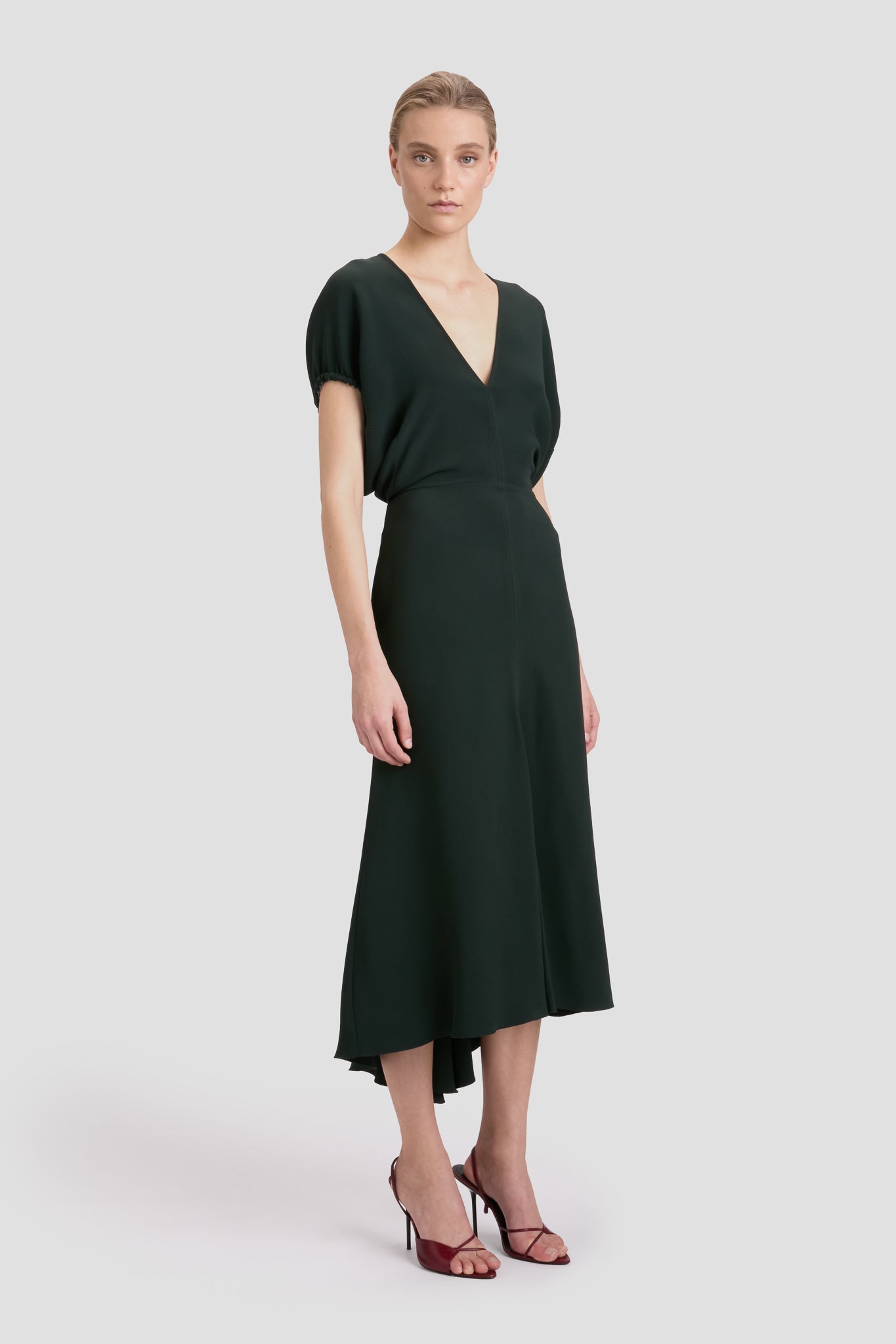 Blouson Detail Midi Dress In Dark Pine