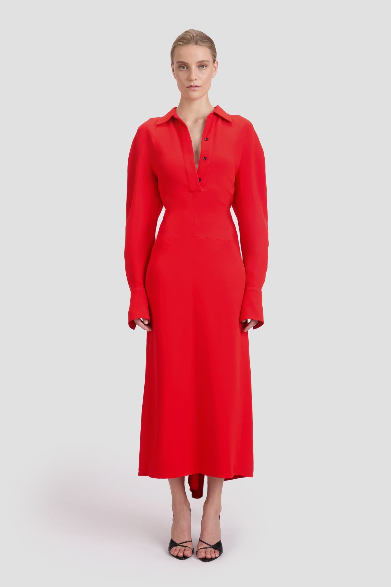 Long Sleeve Polo Collar Midi Dress In Tomato Red