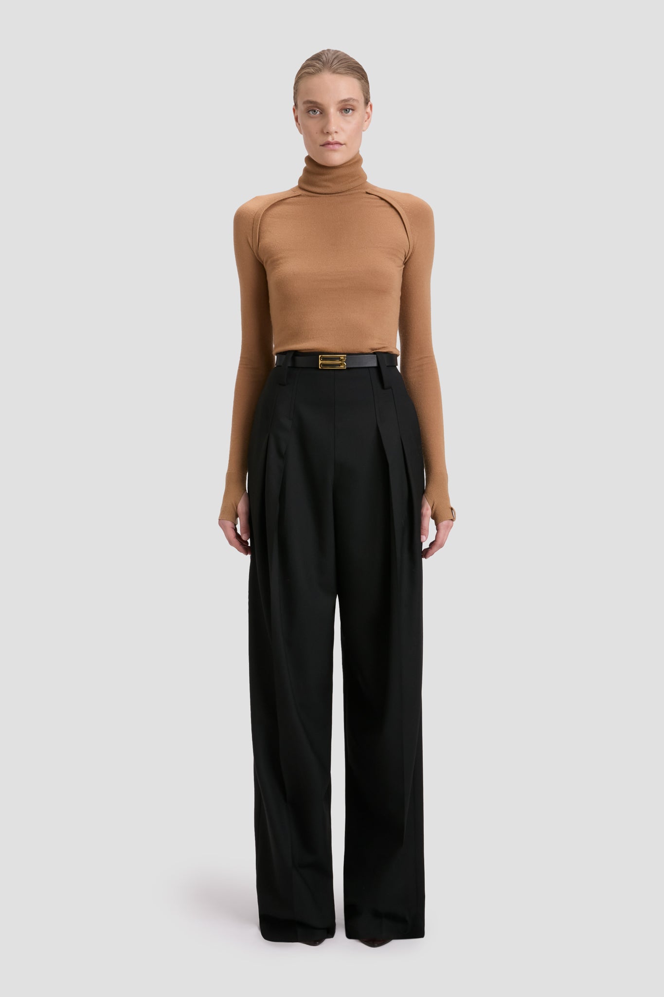 High Neck Top In Dark Camel