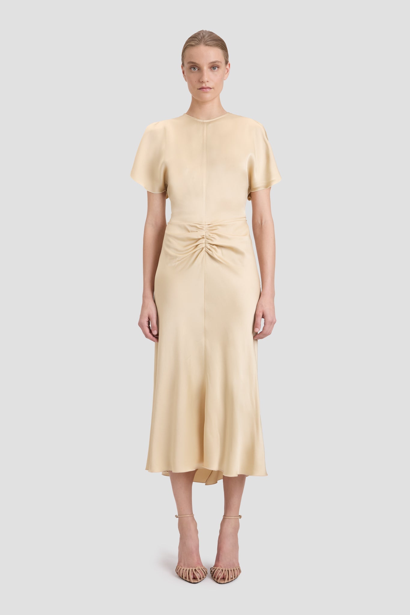 Gathered Waist Midi Dress In Macadamia