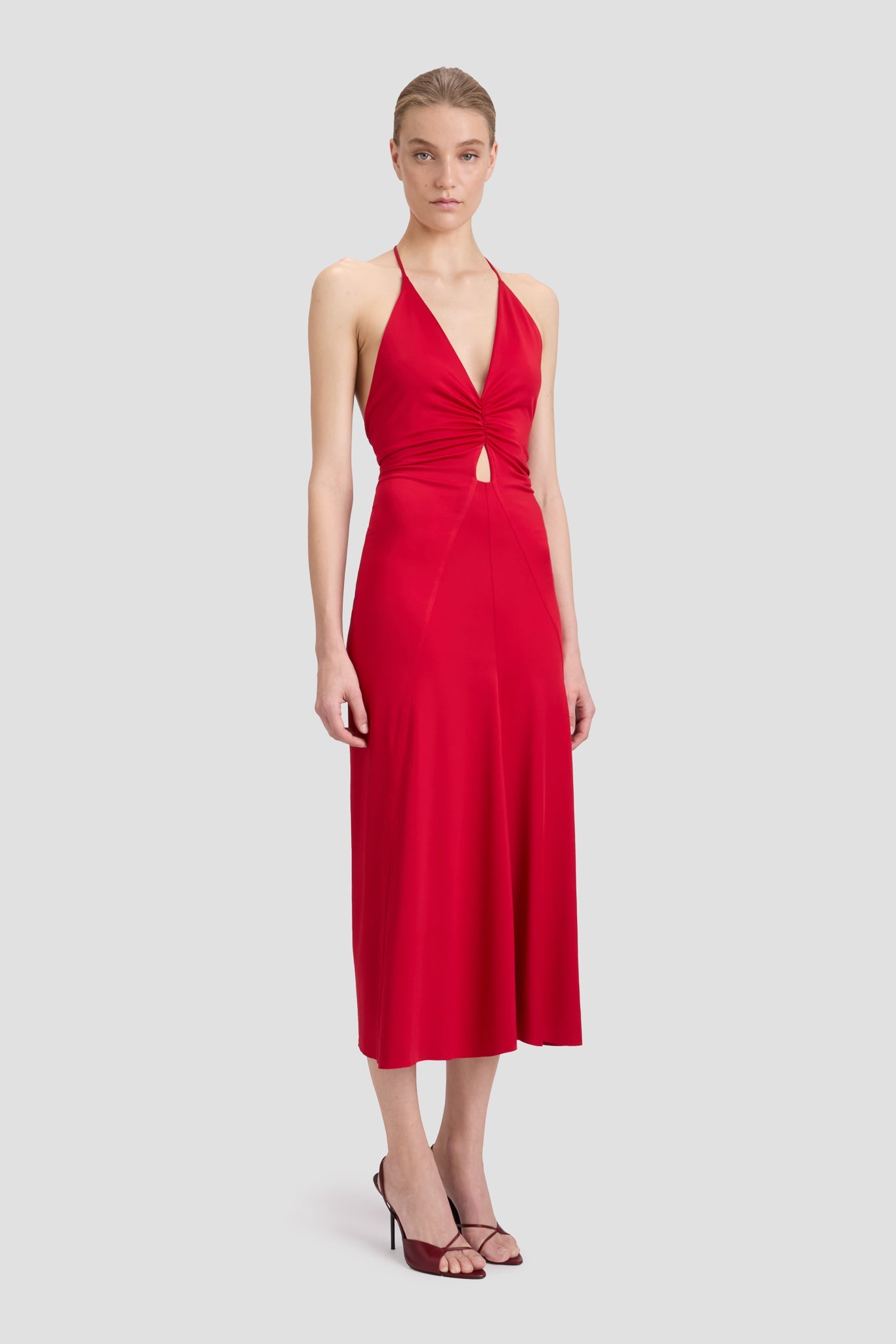 V-Neck Ruched Cami Midi Dress In Rose