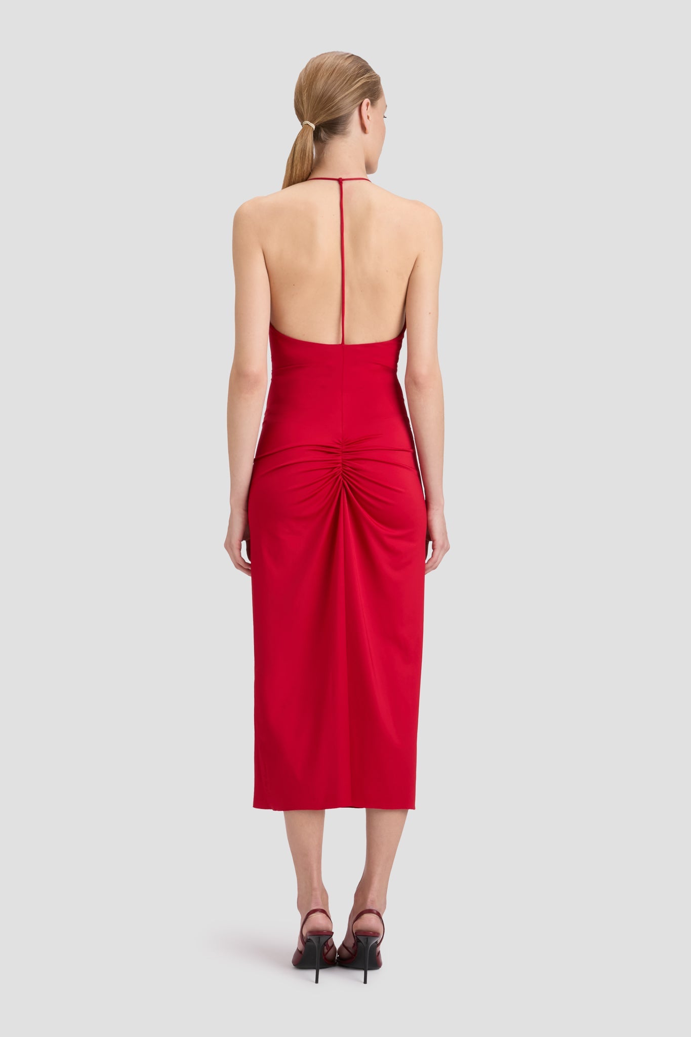 V-Neck Ruched Cami Midi Dress In Rose