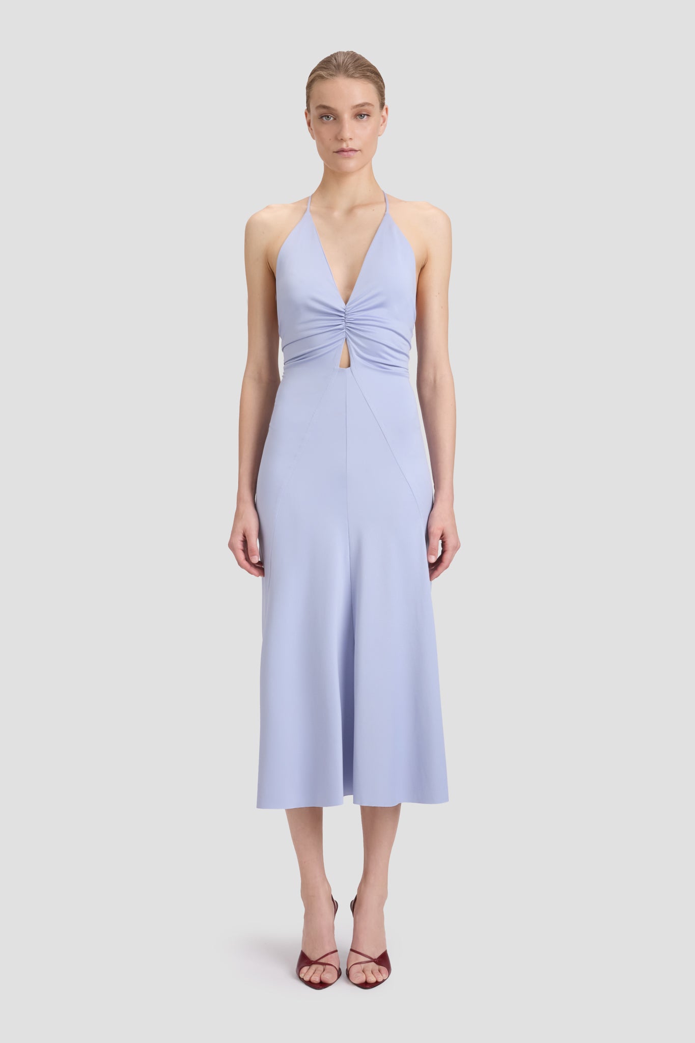 V-Neck Ruched Cami Midi Dress In Delphinium Blue