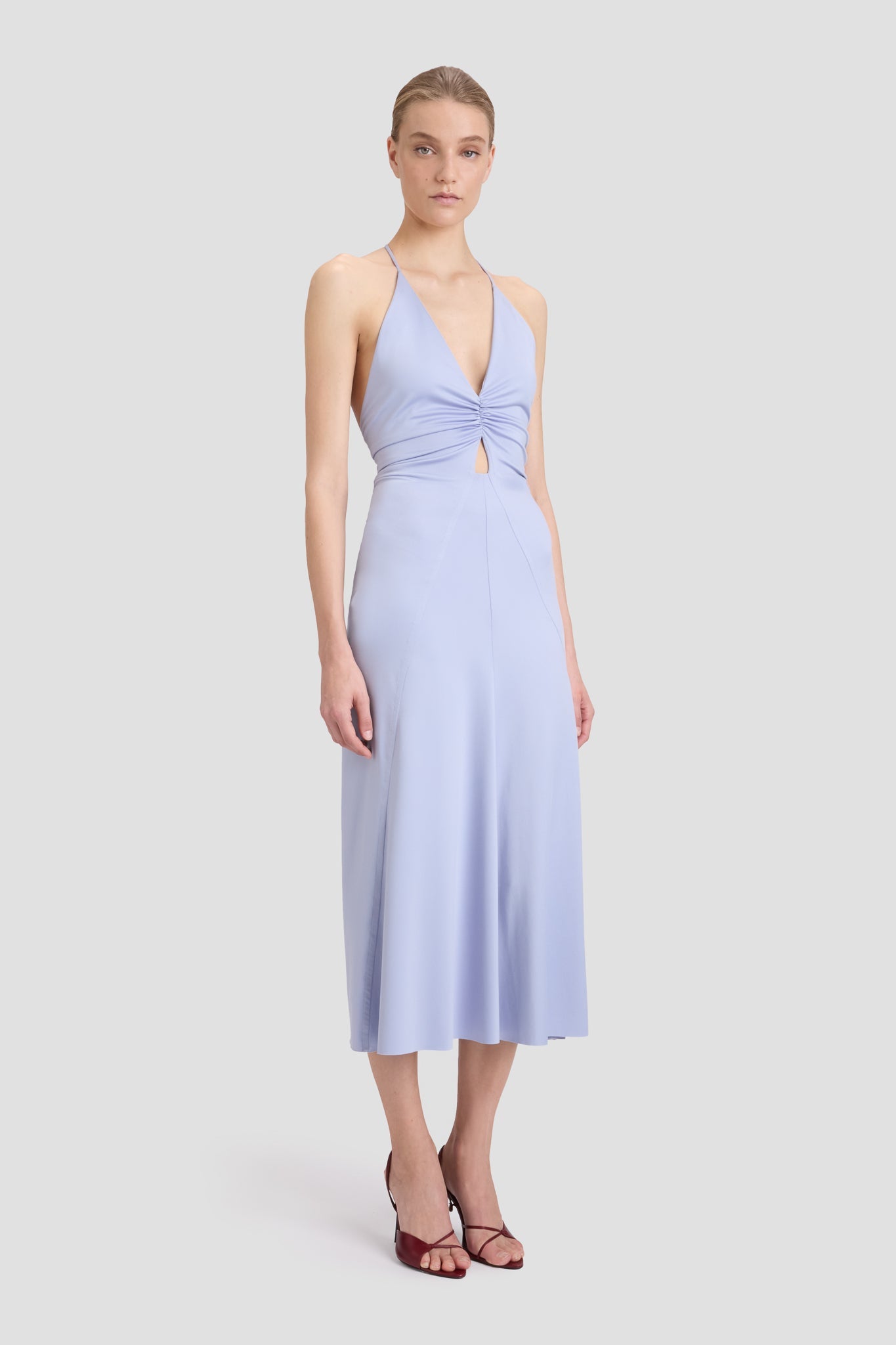 V-Neck Ruched Cami Midi Dress In Delphinium Blue