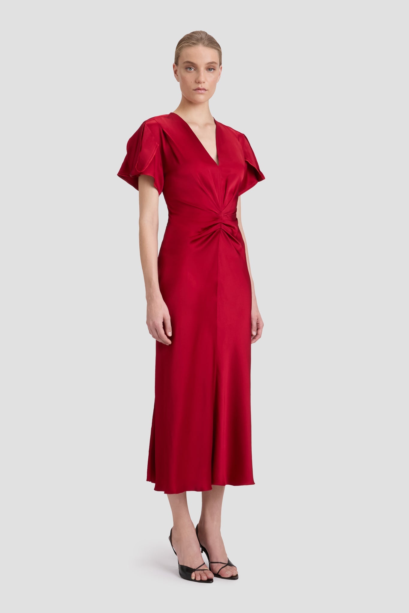 Gathered V-Neck Midi Dress In Rose