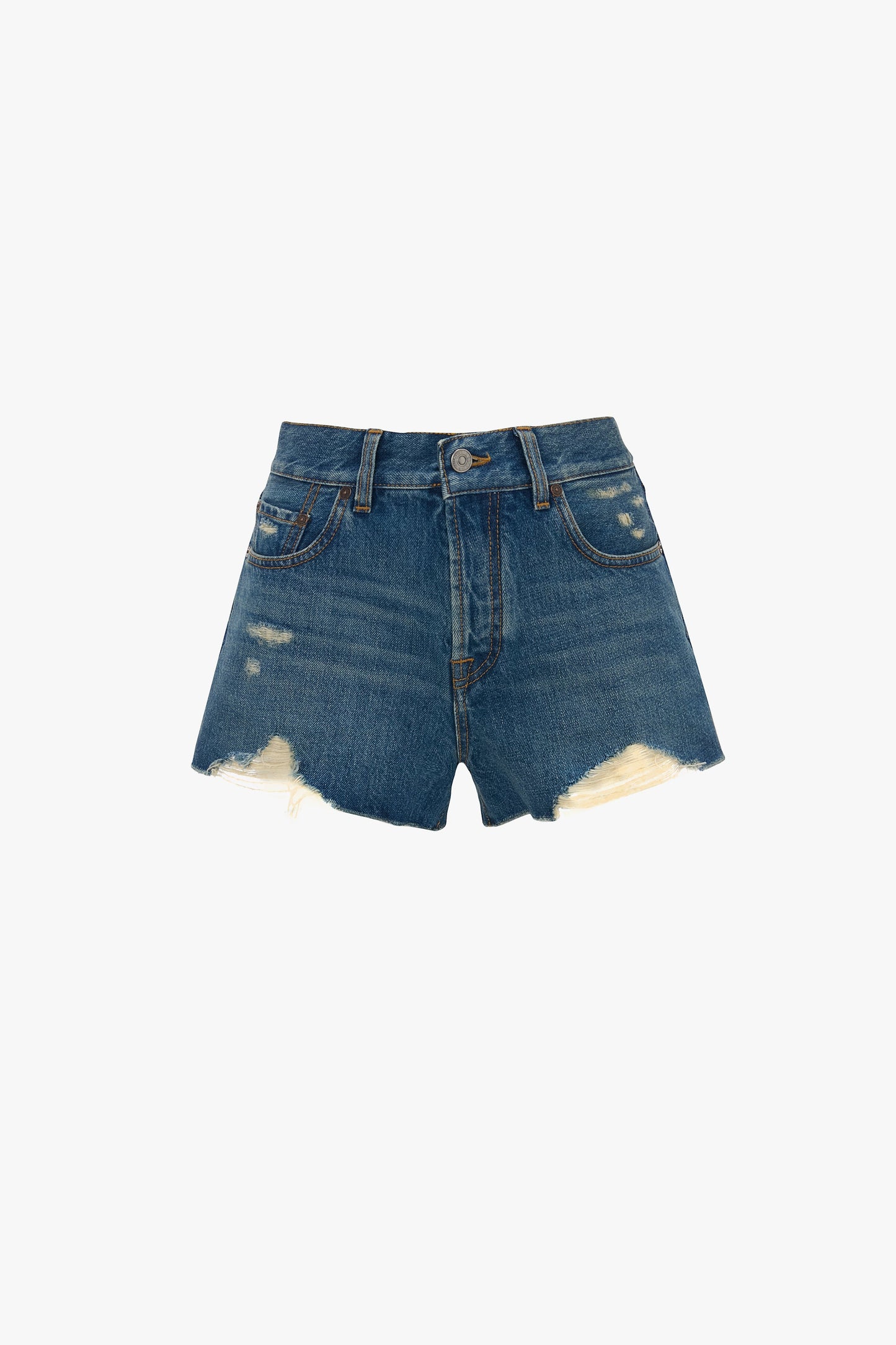 Distressed Shorts In Mid Blue Wash